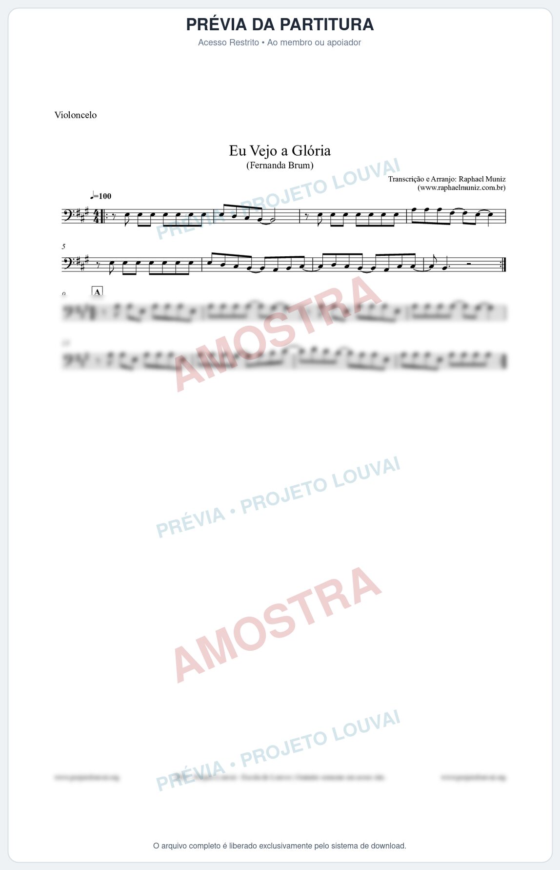 Prévia protegida da primeira página da partitura Partitura para Violoncelo - Eu Vejo a Glória - Fernanda Brum