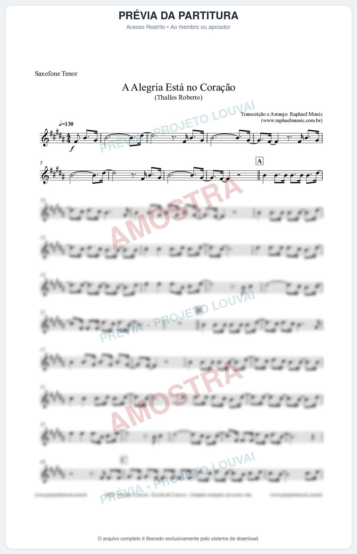 Prévia protegida da primeira página da partitura Partitura para Sax Tenor - A Alegria Está no Coração - Thalles Roberto
