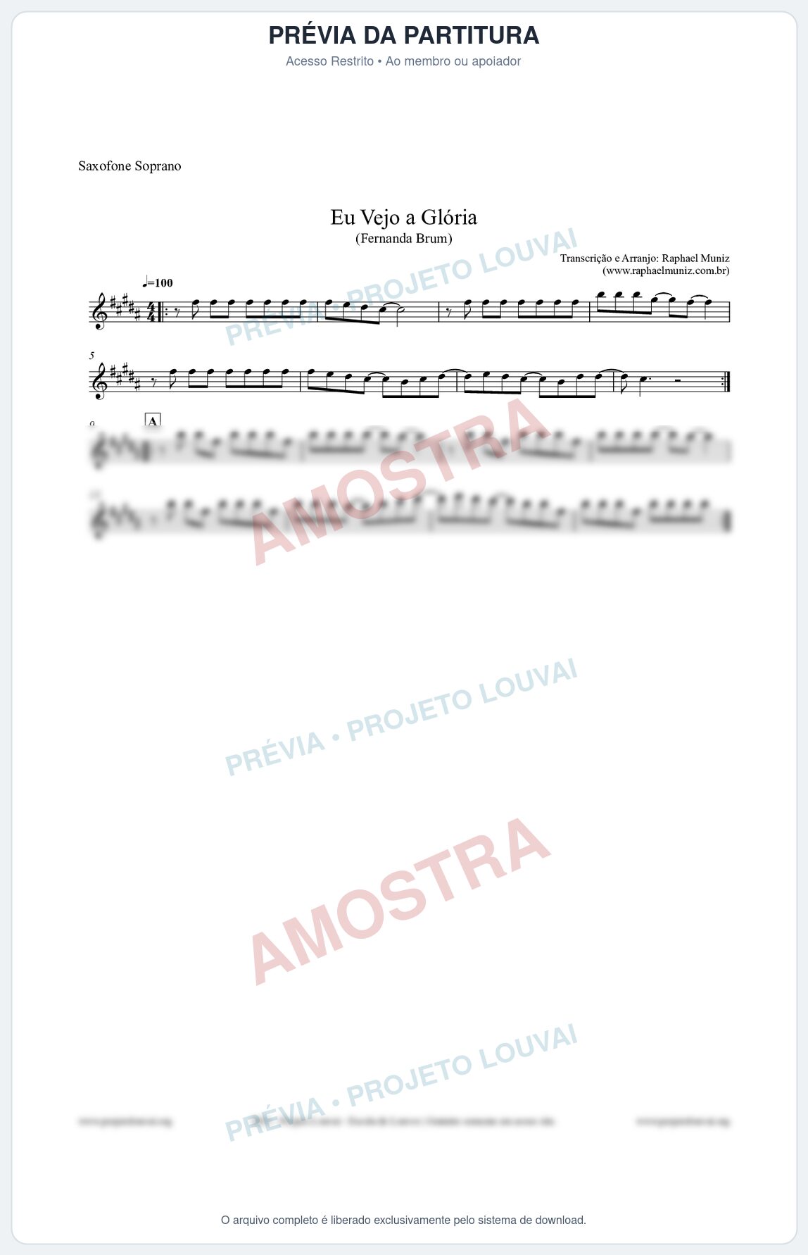 Prévia protegida da primeira página da partitura Partitura para Saxofone Soprano - Eu Vejo a Glória - Fernanda Brum