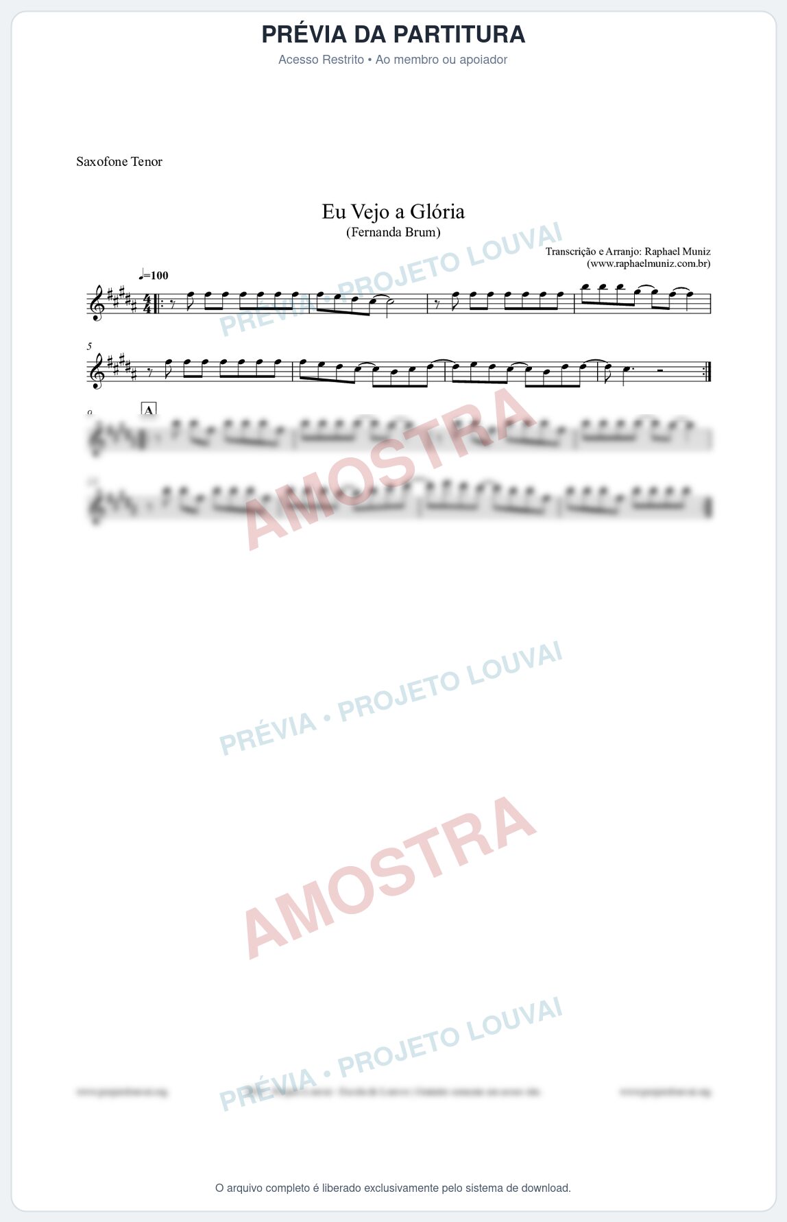 Prévia protegida da primeira página da partitura Partitura para Saxofone Tenor - Eu Vejo a Glória - Fernanda Brum