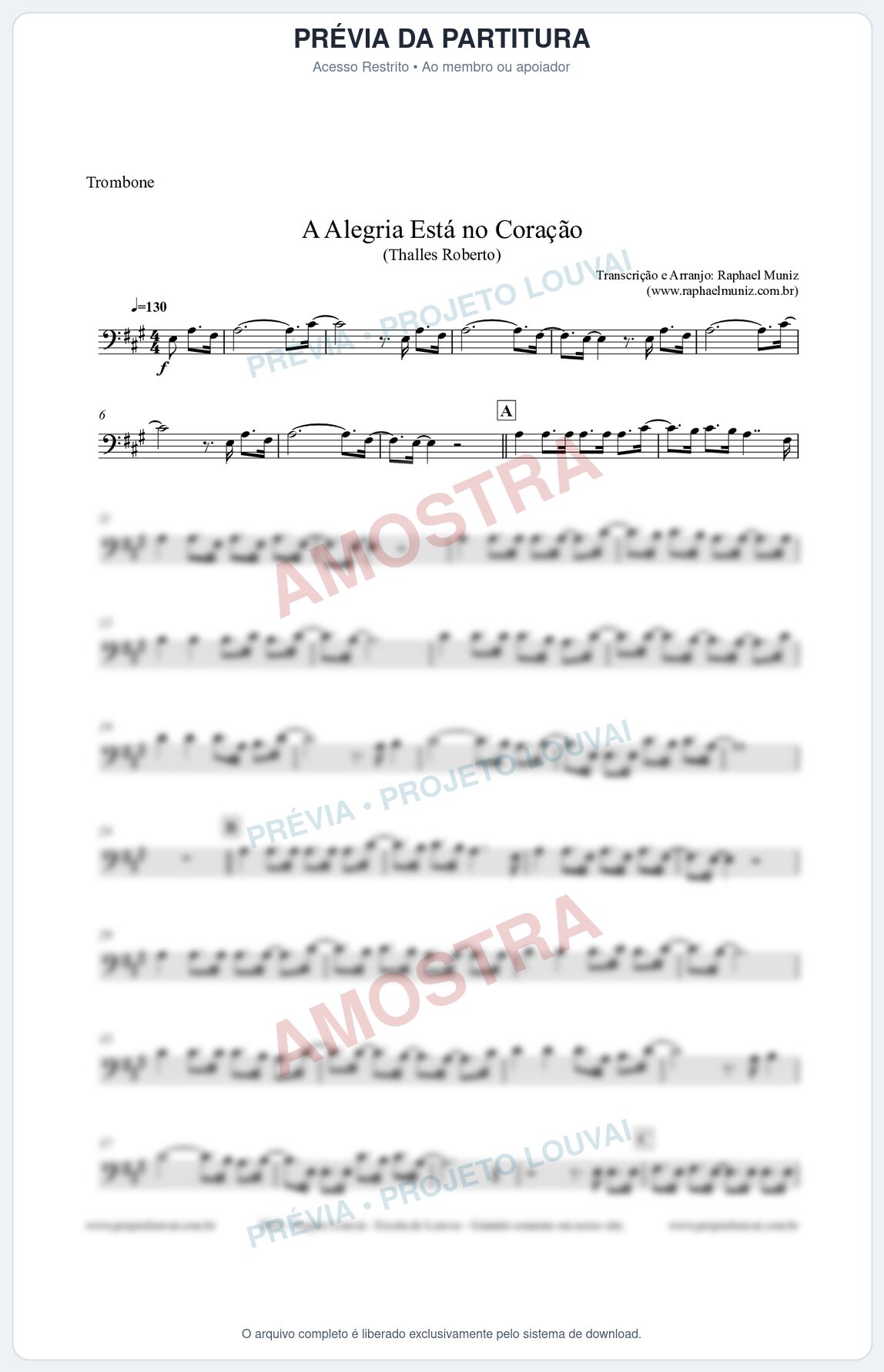 Prévia protegida da primeira página da partitura Partitura para Trombone - A Alegria Está no Coração - Thalles Roberto