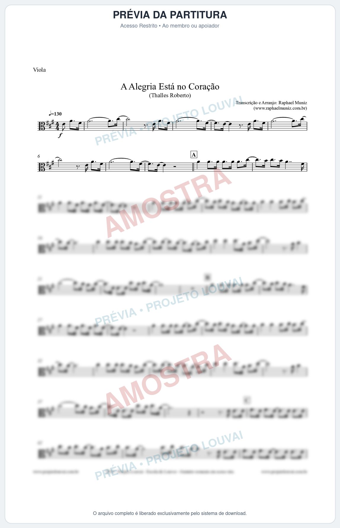 Prévia protegida da primeira página da partitura Partitura para Viola - A Alegria Está no Coração - Thalles Roberto