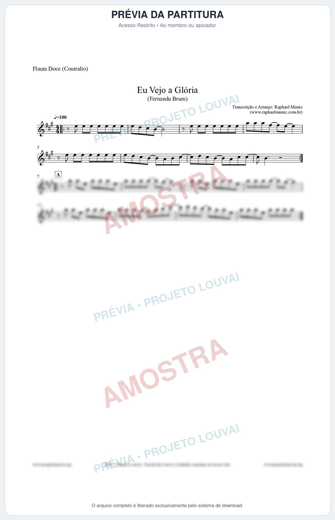 Prévia protegida da primeira página da partitura Partitura para Flauta Doce (Contralto) - Eu Vejo a Glória - Fernanda Brum