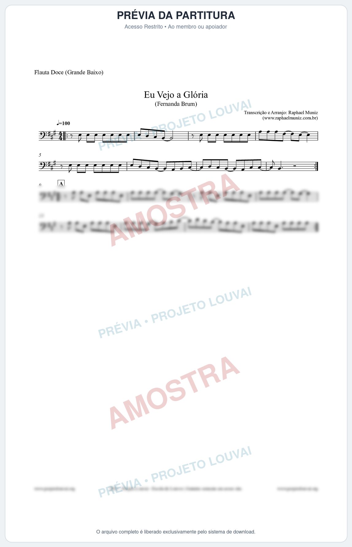 Prévia protegida da primeira página da partitura Partitura para Flauta Doce (Grande Baixo) - Eu Vejo a Glória - Fernanda Brum