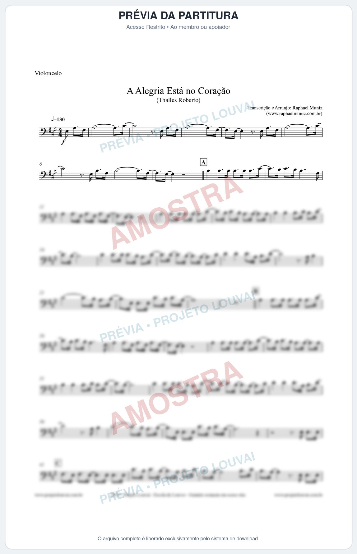 Prévia protegida da primeira página da partitura Partitura para Violoncelo - A Alegria Está no Coração - Thalles Roberto