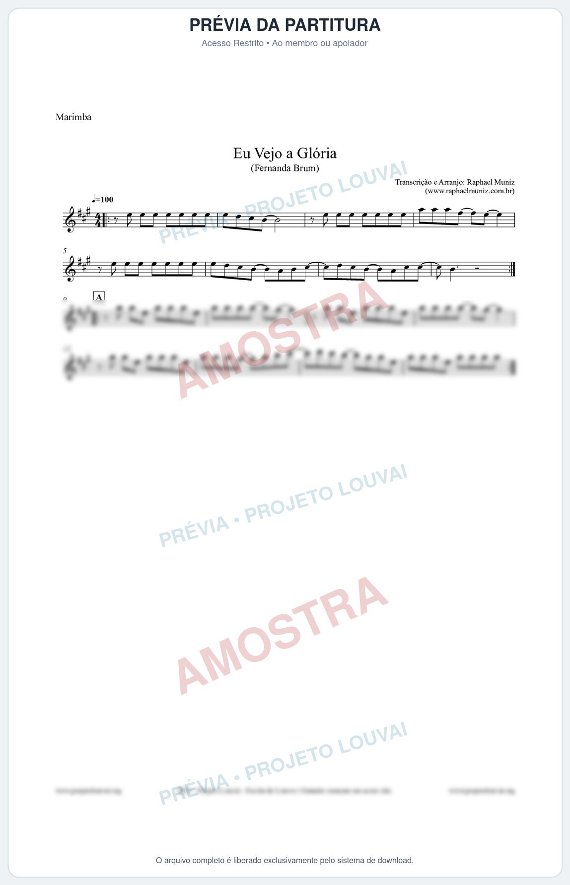 Prévia protegida da primeira página da partitura Partitura para Marimba - Eu Vejo a Glória - Fernanda Brum