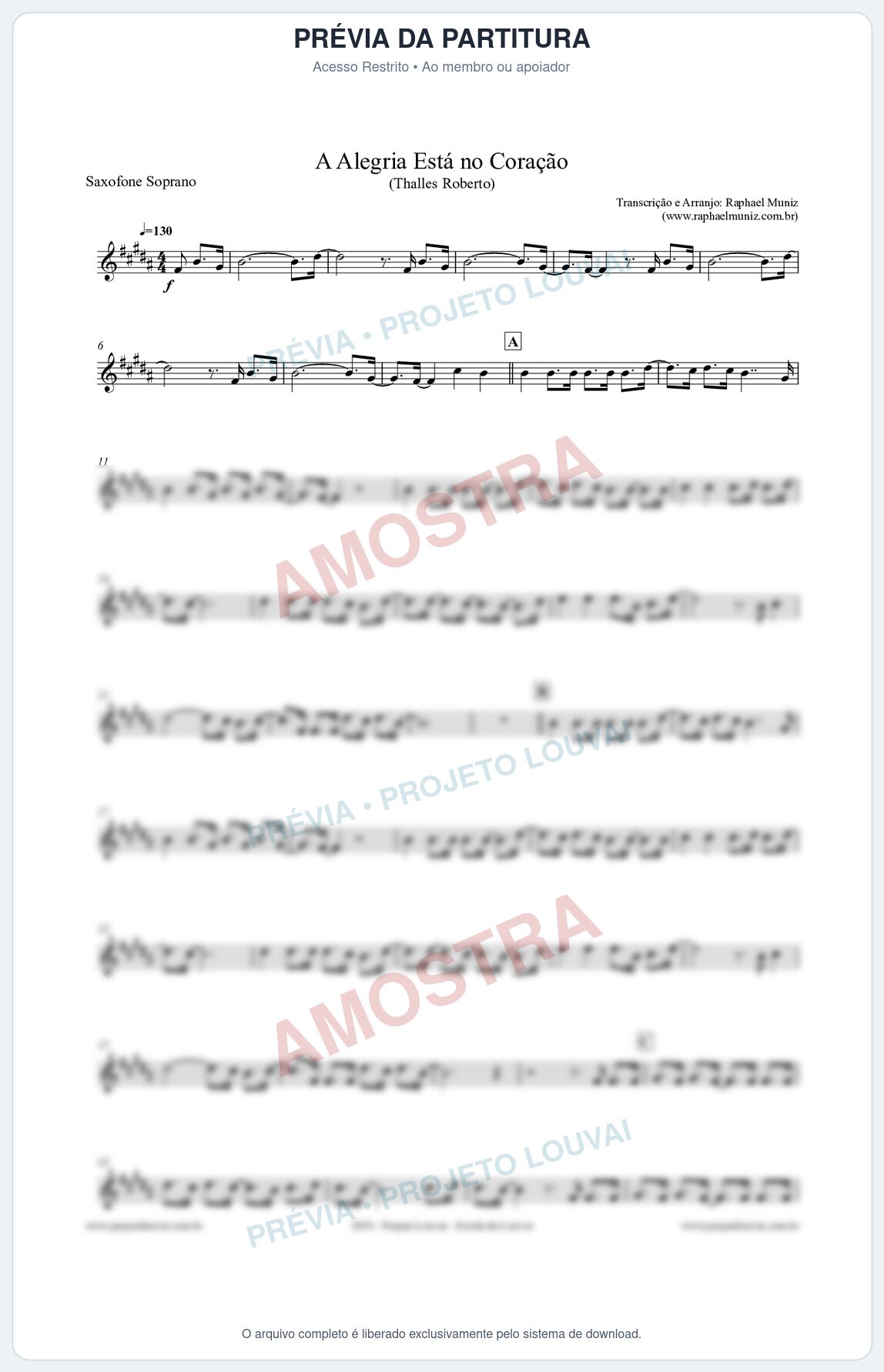 Prévia protegida da primeira página da partitura Partitura para Sax Soprano - A Alegria Está no Coração - Thalles Roberto
