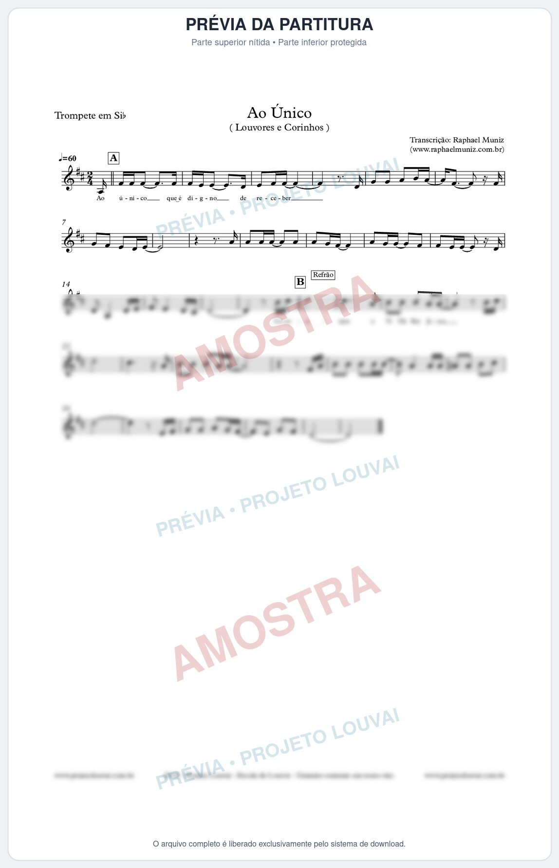 Prévia protegida da primeira página da partitura Partitura para Trompete - Ao Único - Louvores e Corinhos Gospel