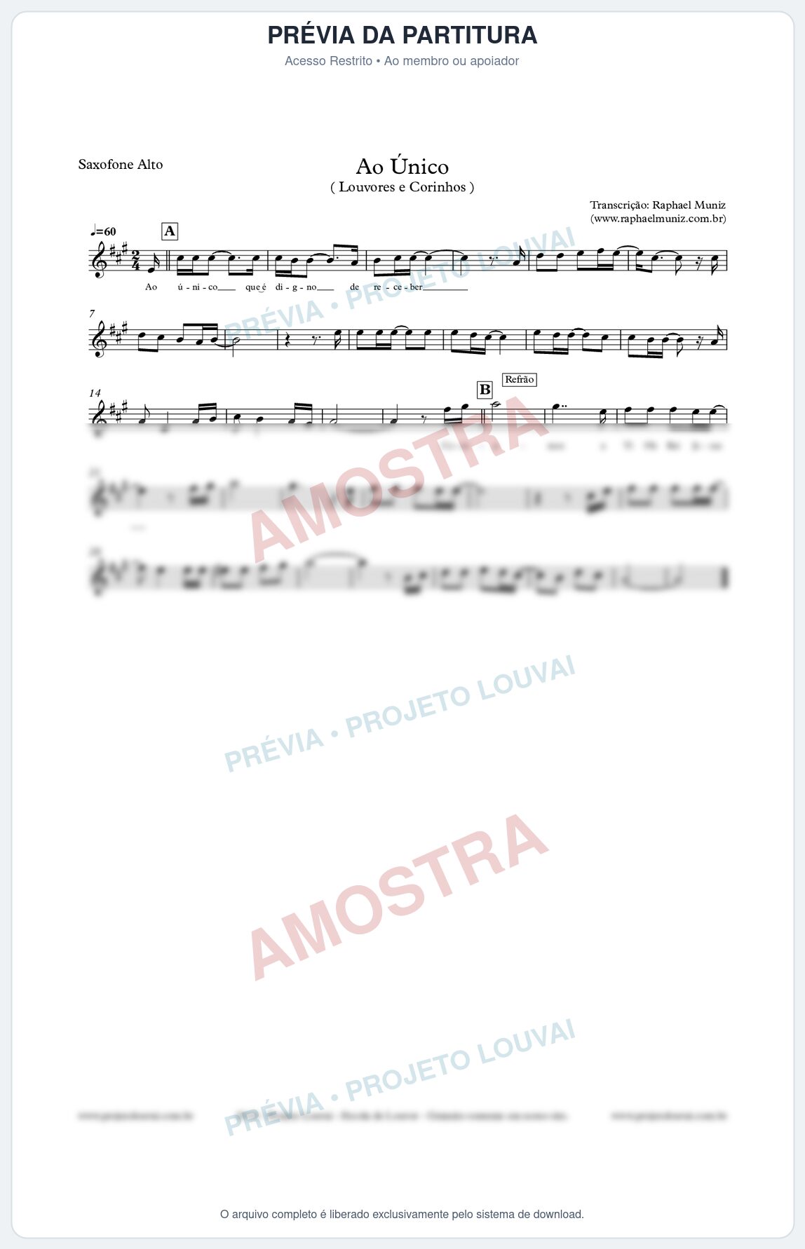 Prévia protegida da primeira página da partitura Partitura para Sax Alto - Ao Único - Louvores e Corinhos Gospel