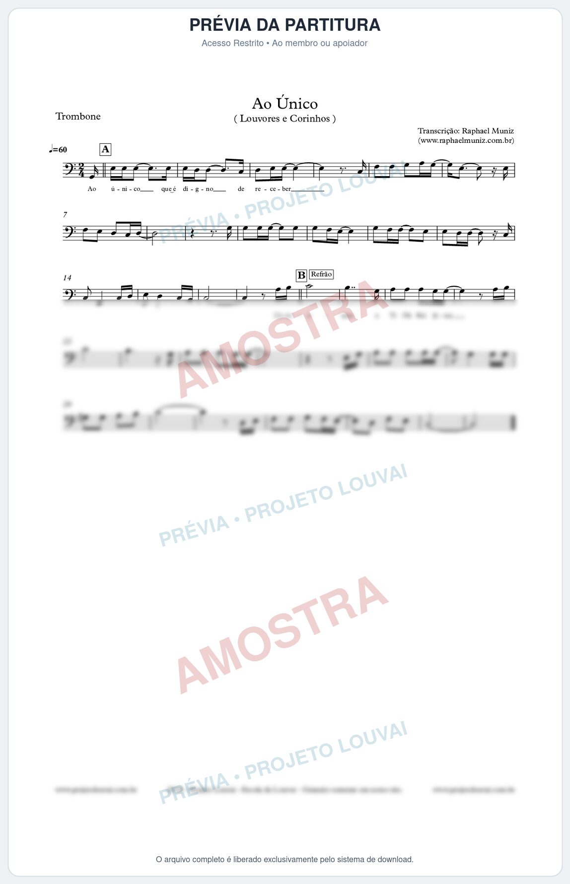 Prévia protegida da primeira página da partitura Partitura para Trombone - Ao Único - Louvores e Corinhos Gospel