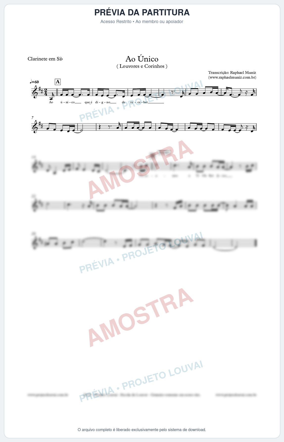 Prévia protegida da primeira página da partitura Partitura para Clarinete - Ao Único - Louvores e Corinhos Gospel