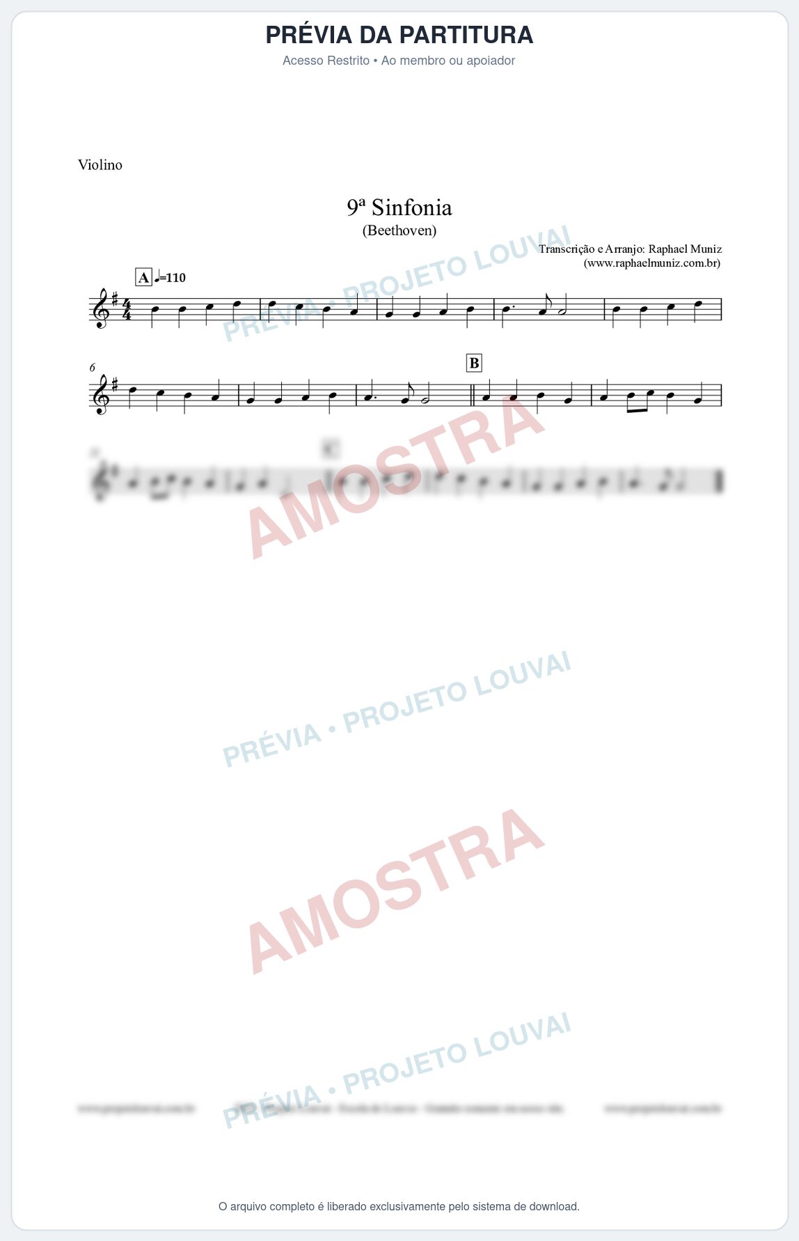 Prévia protegida da primeira página da partitura Partitura para Violino - Nona Sinfonia - Beethoven