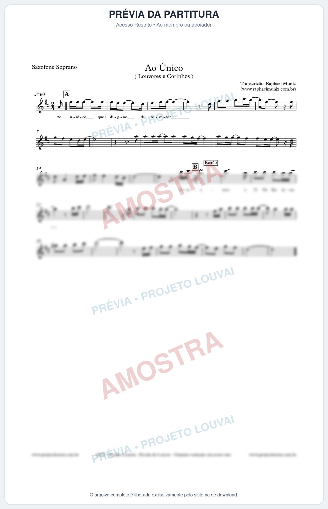 Prévia protegida da primeira página da partitura Partitura para Sax Soprano - Ao Único - Louvores e Corinhos Gospel