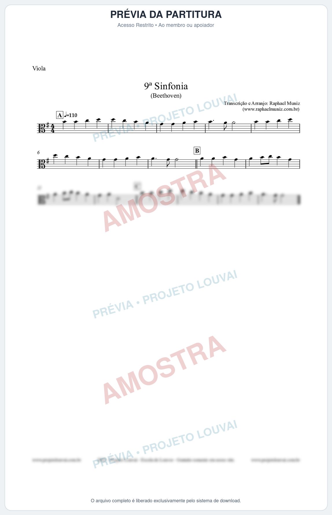 Prévia protegida da primeira página da partitura Partitura para Viola - Nona Sinfonia - Beethoven