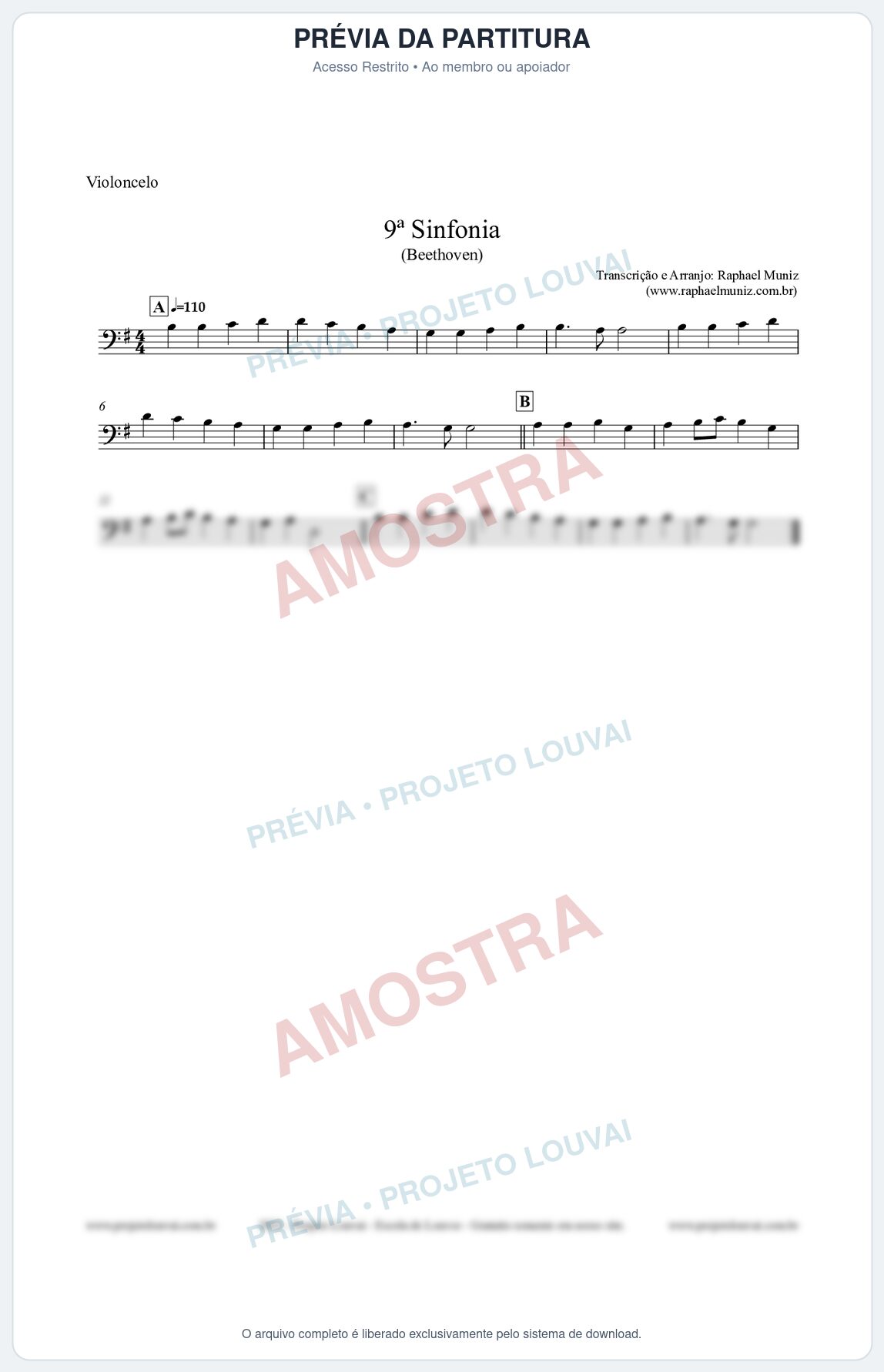Prévia protegida da primeira página da partitura Partitura para Violoncelo - Nona Sinfonia - Beethoven