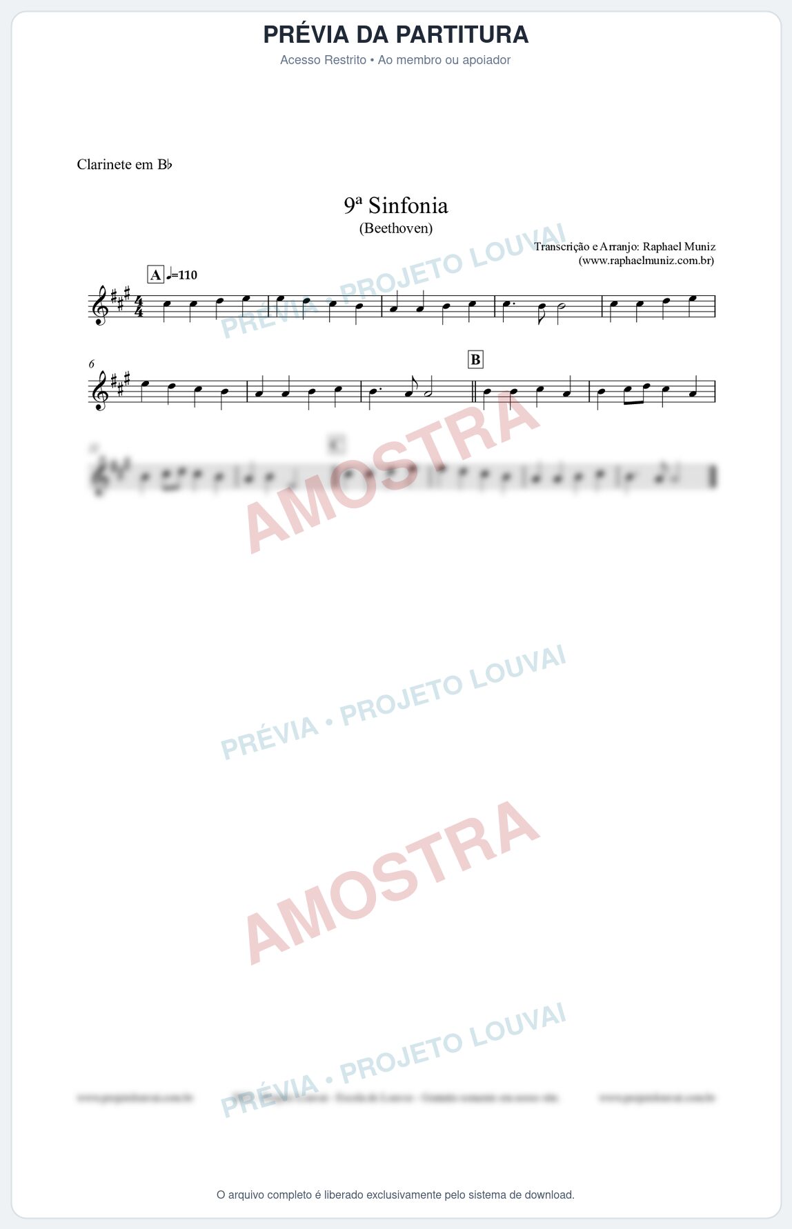 Prévia protegida da primeira página da partitura Partitura para Clarinete em Bb - Nona Sinfonia - Beethoven