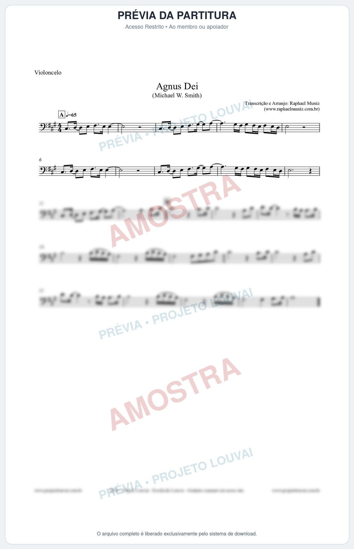 Prévia protegida da primeira página da partitura Partitura para Violoncelo - Agnus Dei - Michael W. Smith