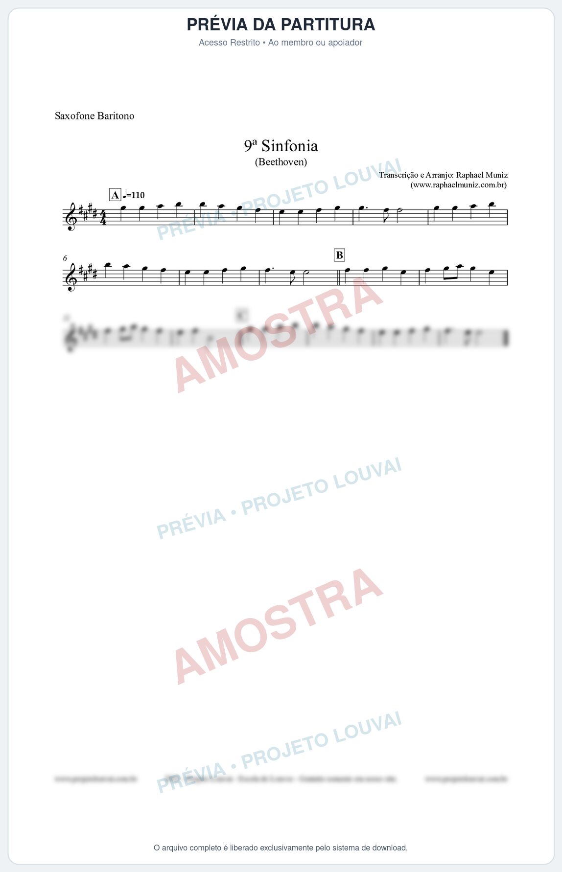 Prévia protegida da primeira página da partitura Partitura para Saxofone Barítono - Nona Sinfonia - Beethoven