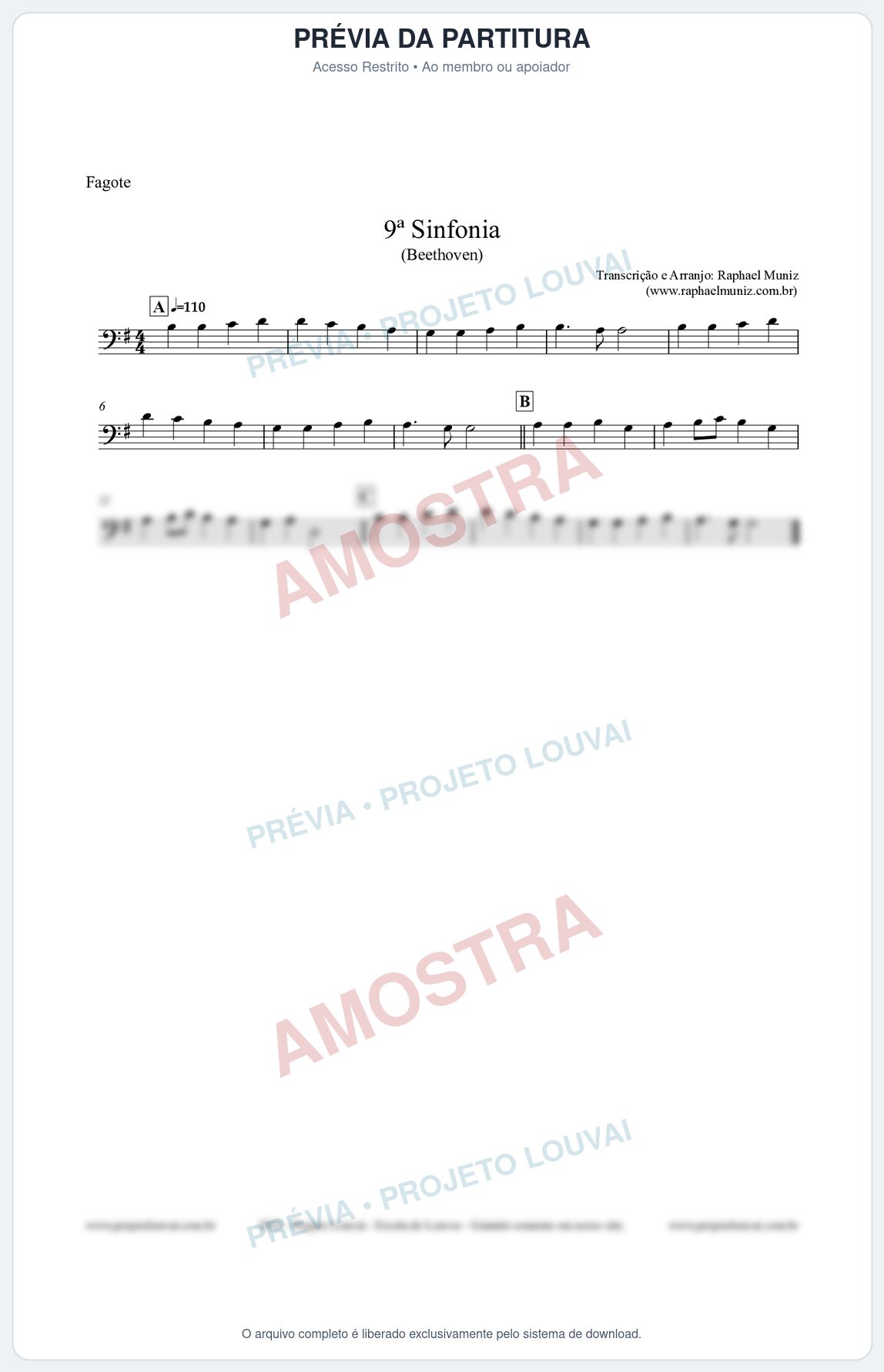 Prévia protegida da primeira página da partitura Partitura para Fagote - Nona Sinfonia - Beethoven