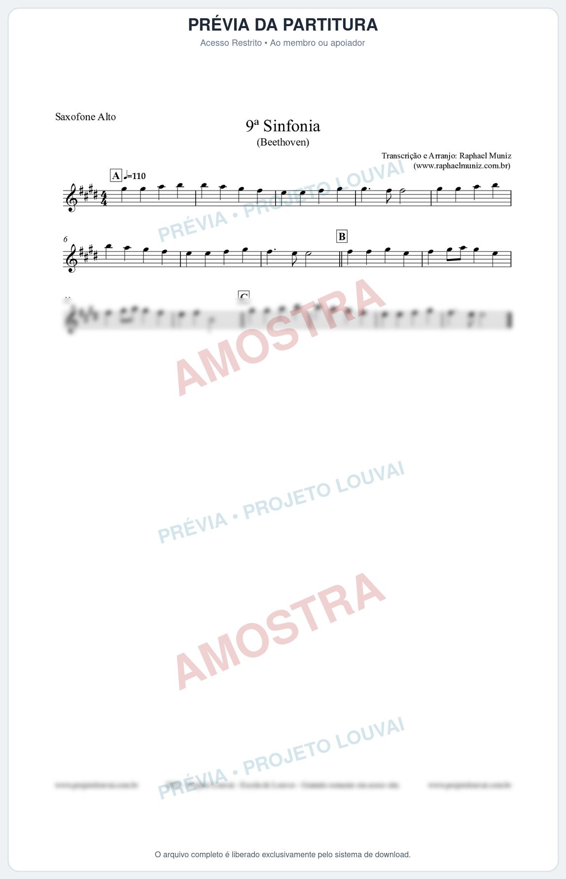 Prévia protegida da primeira página da partitura Partitura para Saxofone Alto - Nona Sinfonia - Beethoven