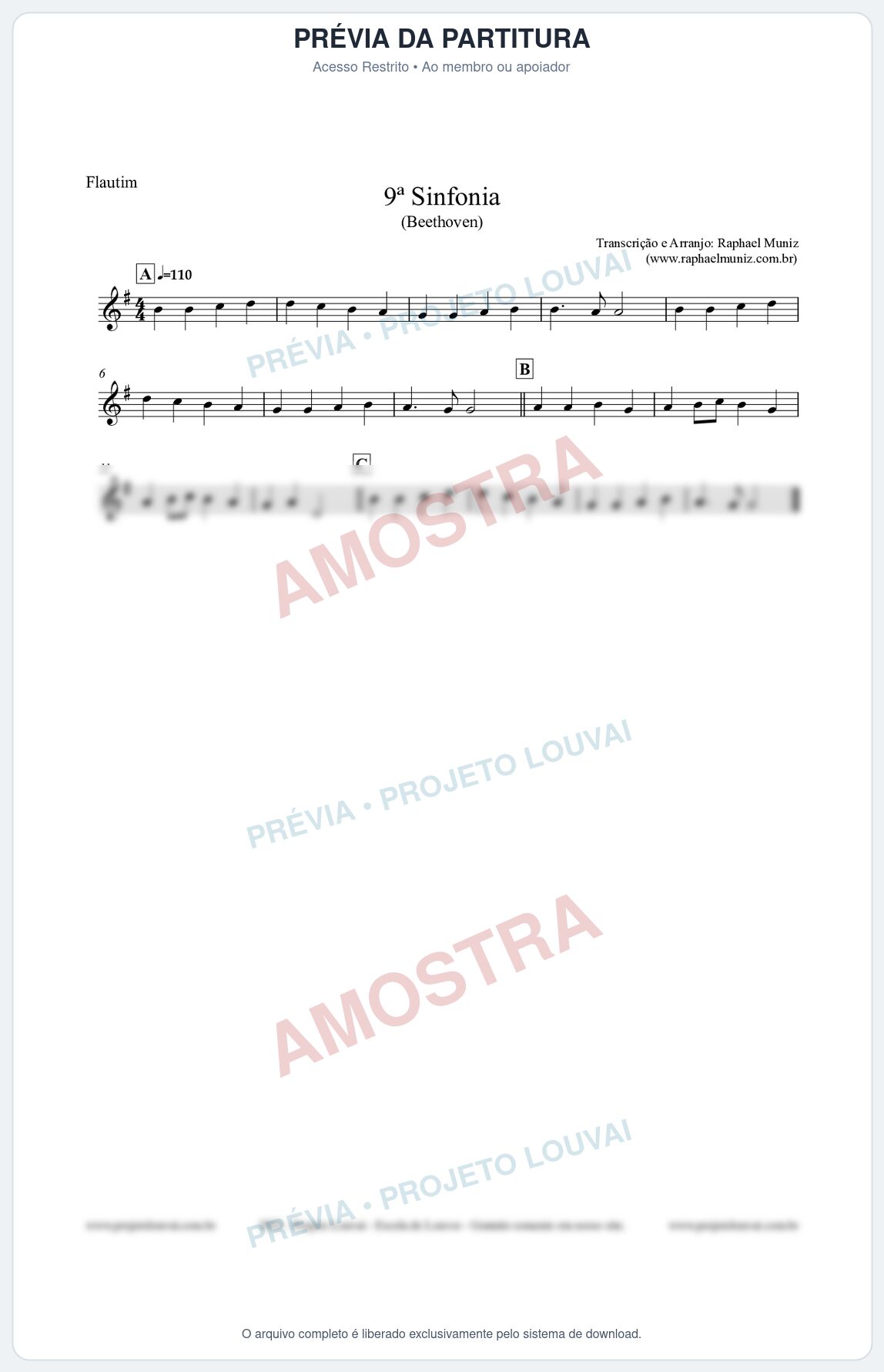 Prévia protegida da primeira página da partitura Partitura para Flautim - Nona Sinfonia - Beethoven