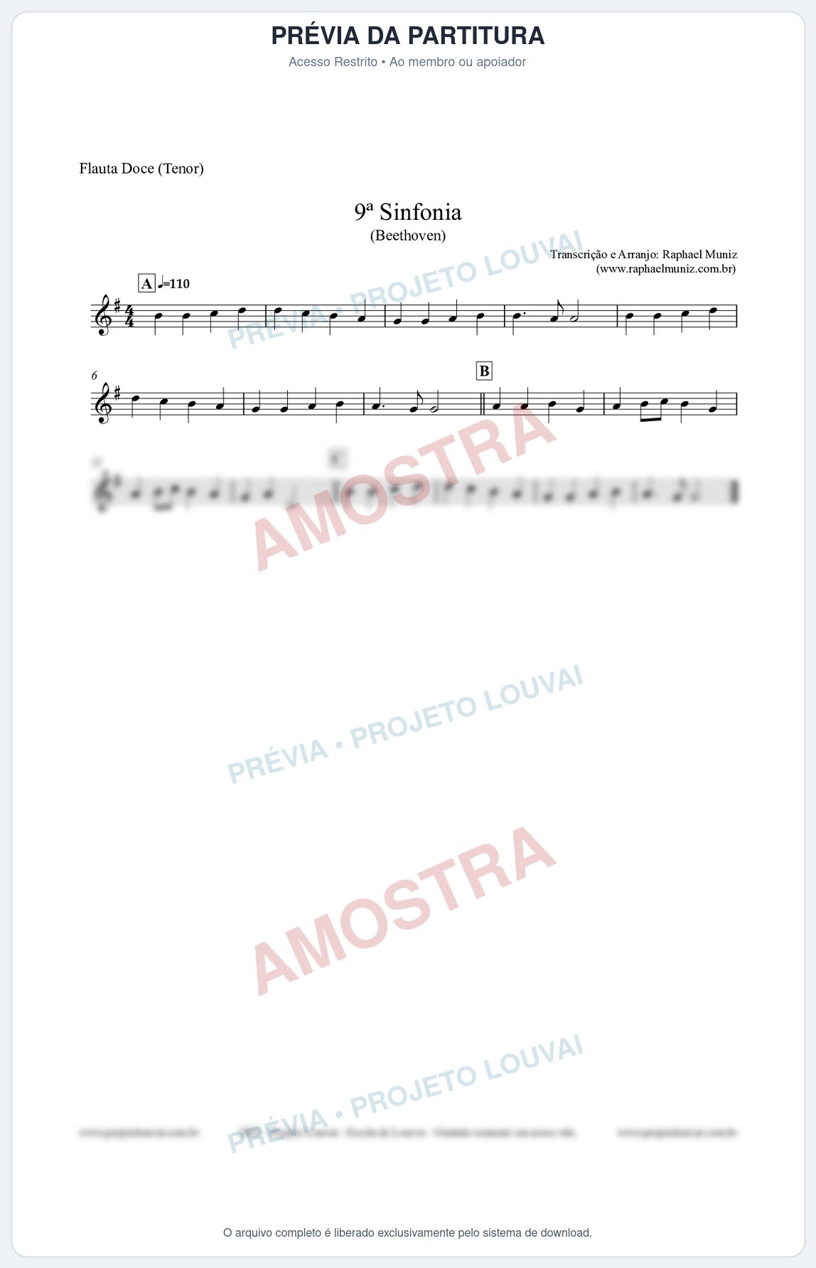 Prévia protegida da primeira página da partitura Partitura para Flauta Doce (Tenor) - Nona Sinfonia - Beethoven