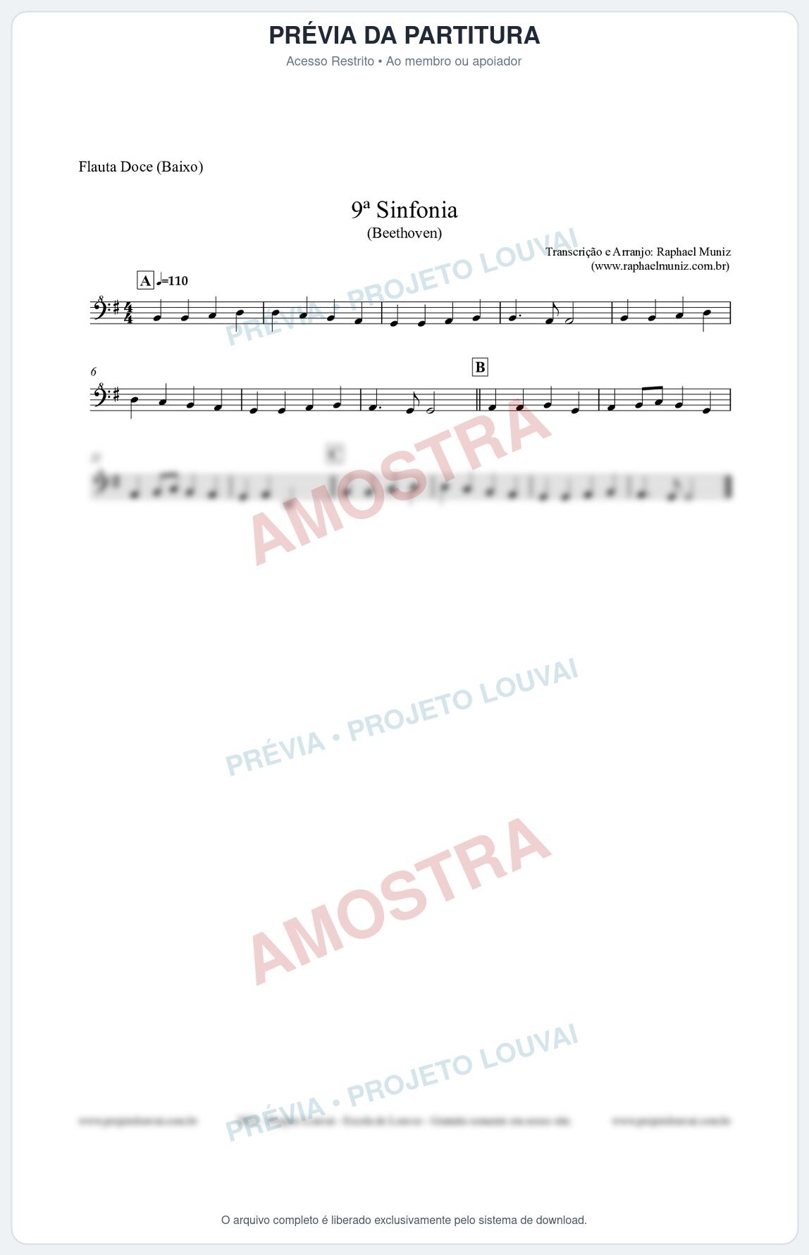Prévia protegida da primeira página da partitura Partitura para Flauta Doce (Baixo) - Nona Sinfonia - Beethoven