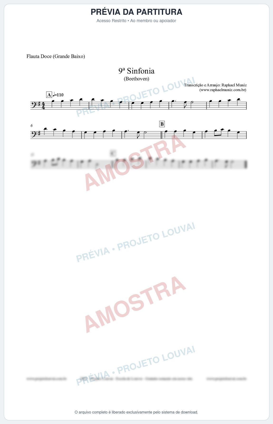 Prévia protegida da primeira página da partitura Partitura para Flauta Doce (Grande Baixo) - Nona Sinfonia - Beethoven