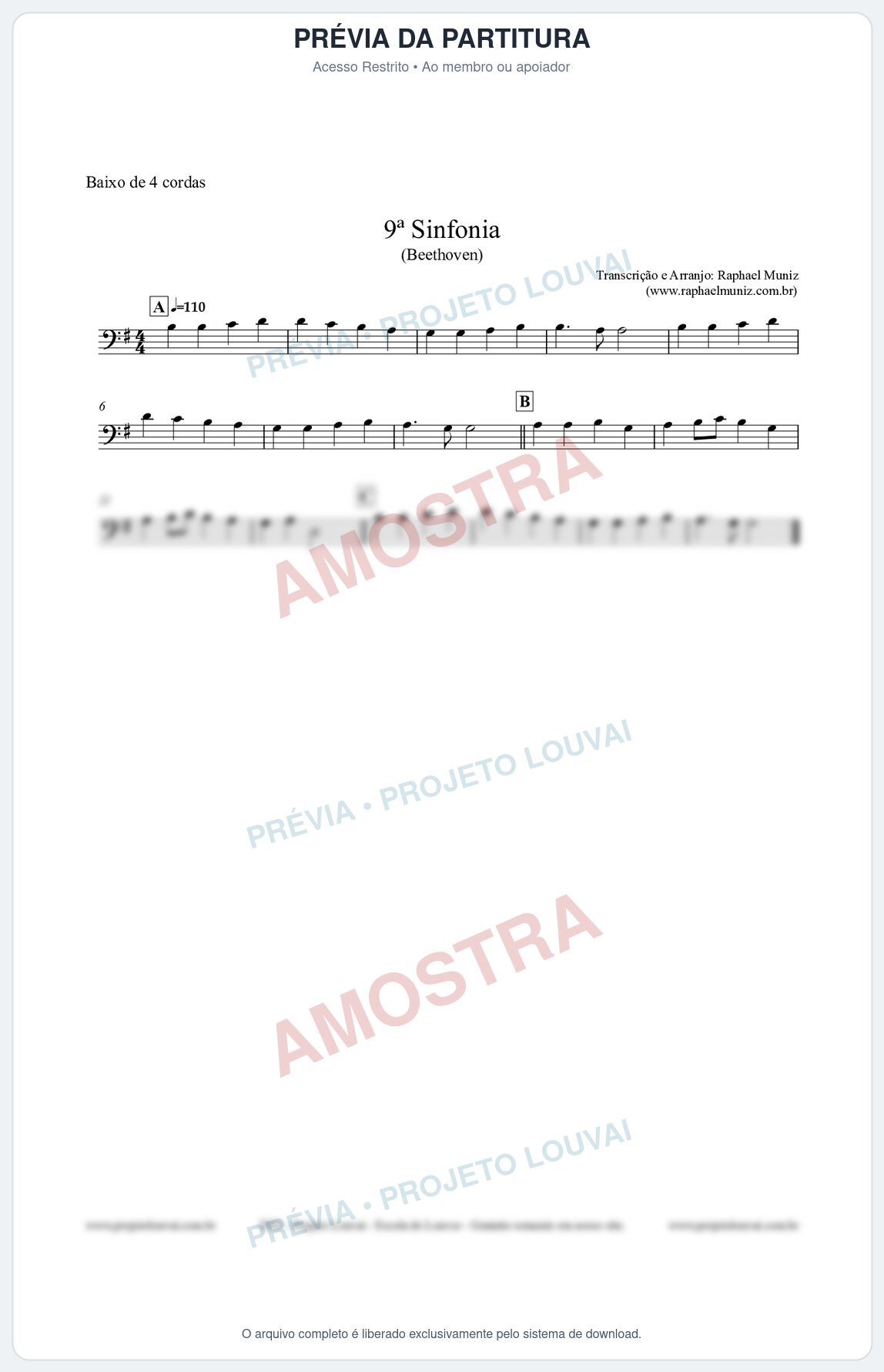 Prévia protegida da primeira página da partitura Partitura para Baixo de 4 cordas - Nona Sinfonia - Beethoven