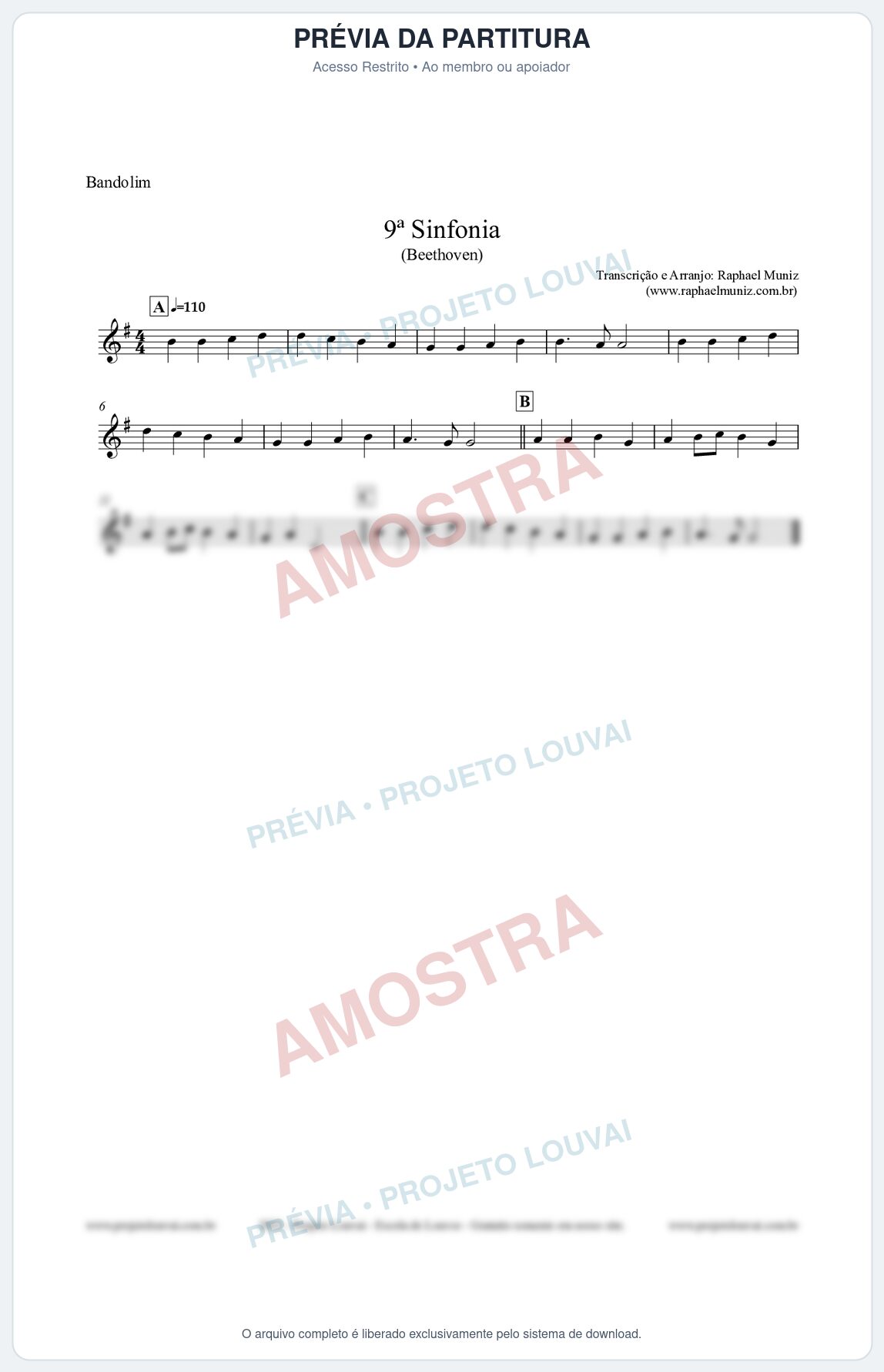 Prévia protegida da primeira página da partitura Partitura para Bandolim - Nona Sinfonia - Beethoven