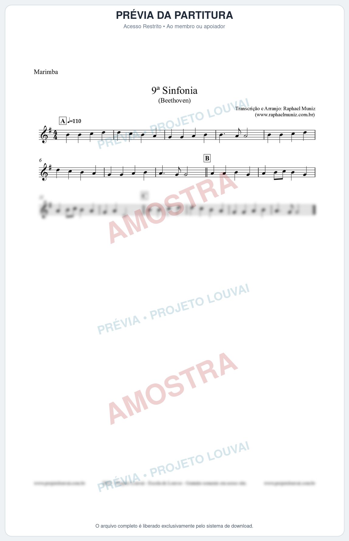 Prévia protegida da primeira página da partitura Partitura para Marimba - Nona Sinfonia - Beethoven