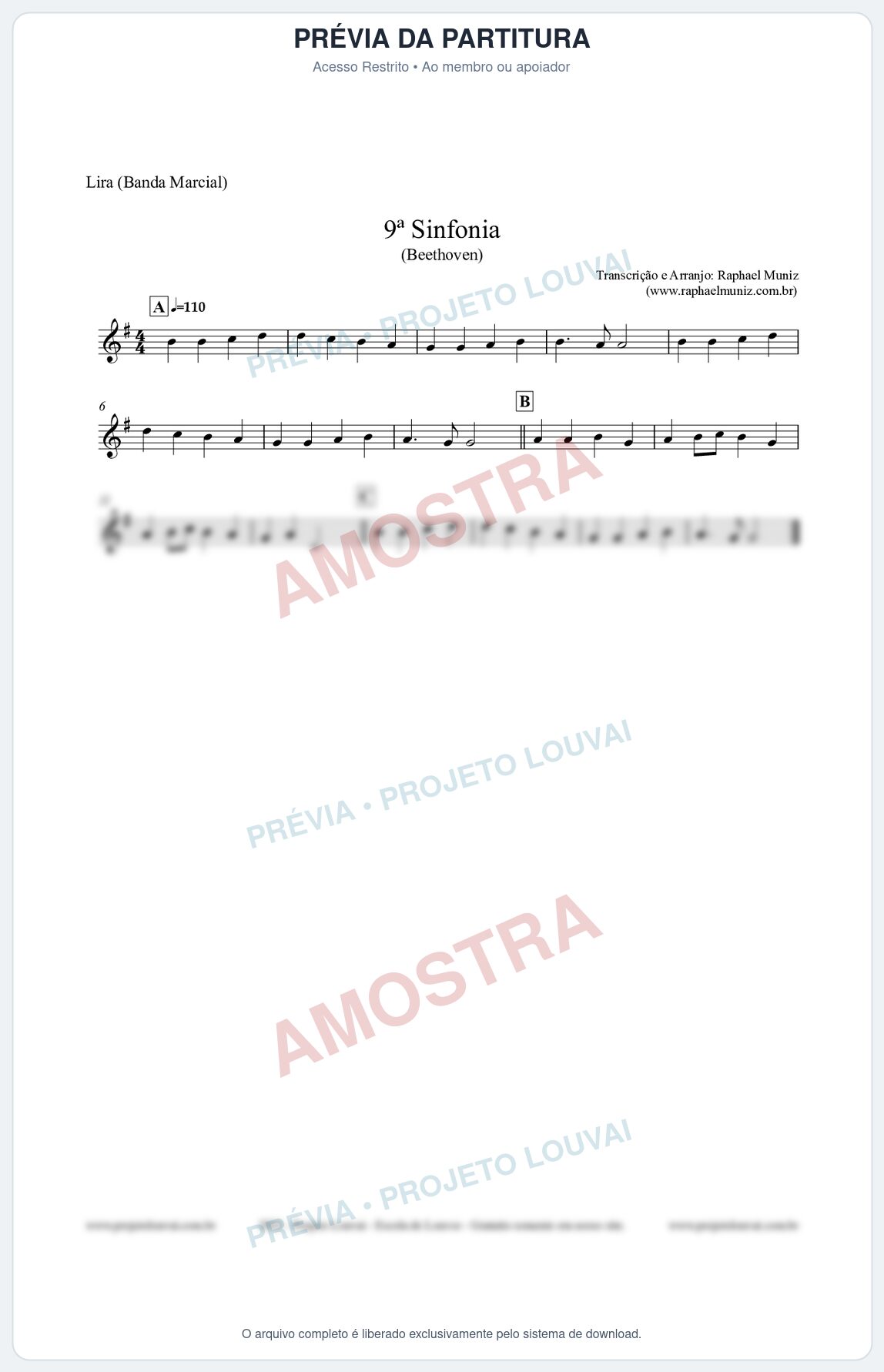 Prévia protegida da primeira página da partitura Partitura para Lira (Banda Marcial) - Nona Sinfonia - Beethoven