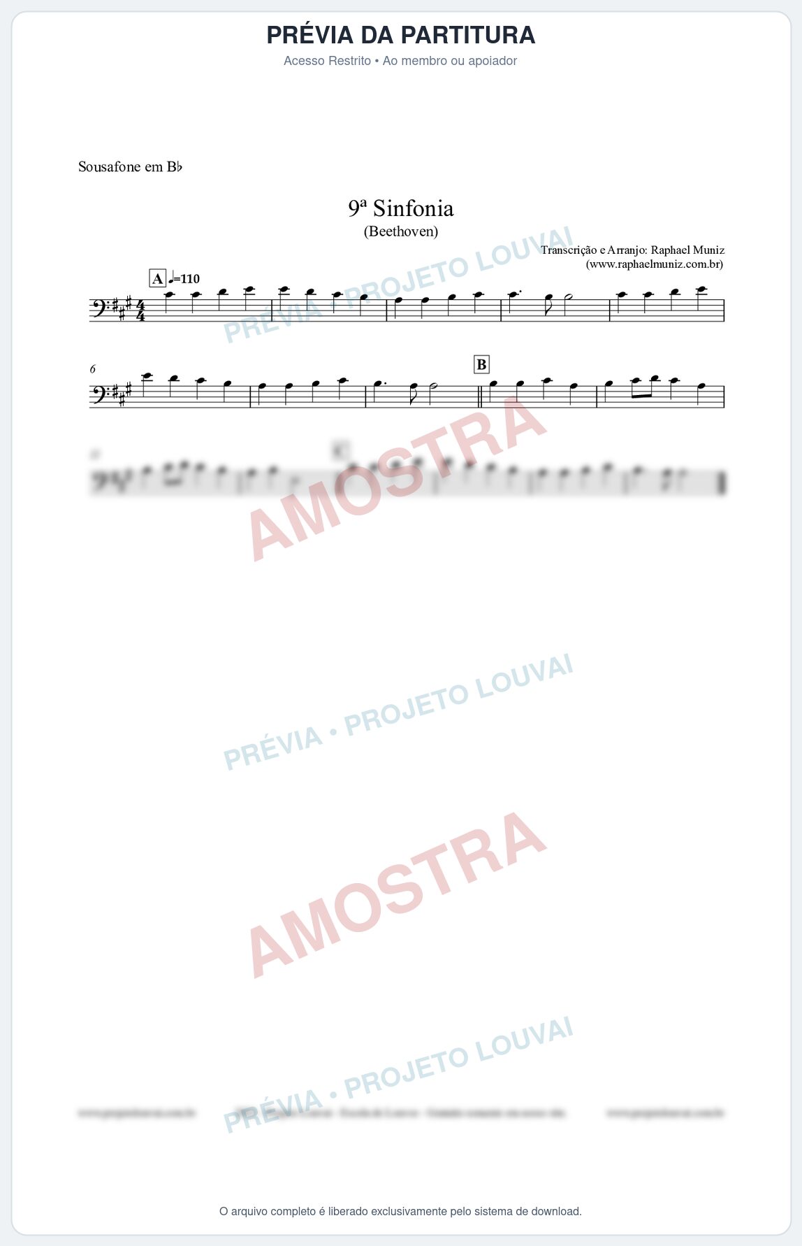 Prévia protegida da primeira página da partitura Partitura para Sousafone em Bb - Nona Sinfonia - Beethoven