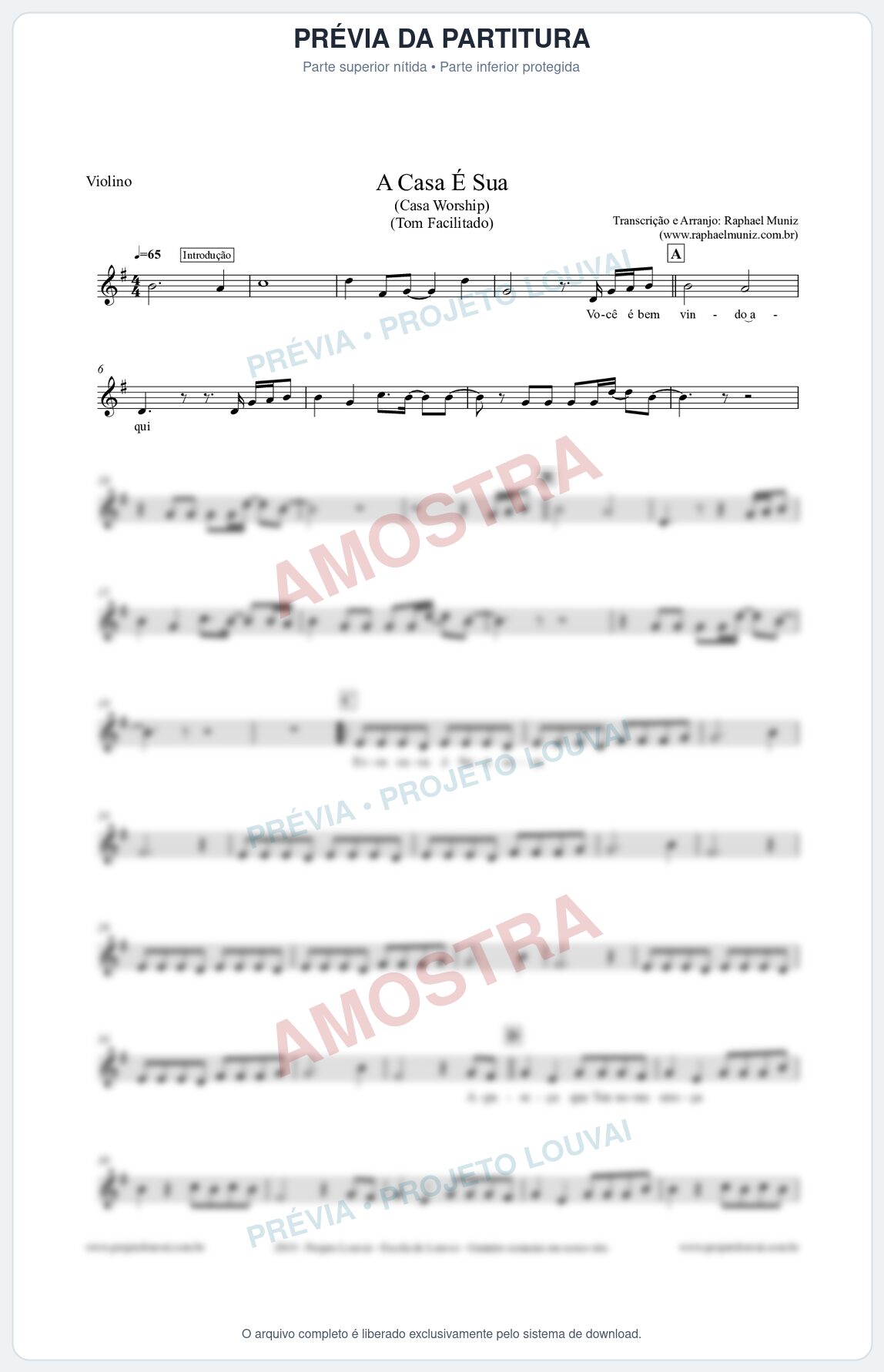 Prévia protegida da primeira página da partitura Partitura para Violino - A Casa É Sua (Tom Facilitado) - Casa Worship