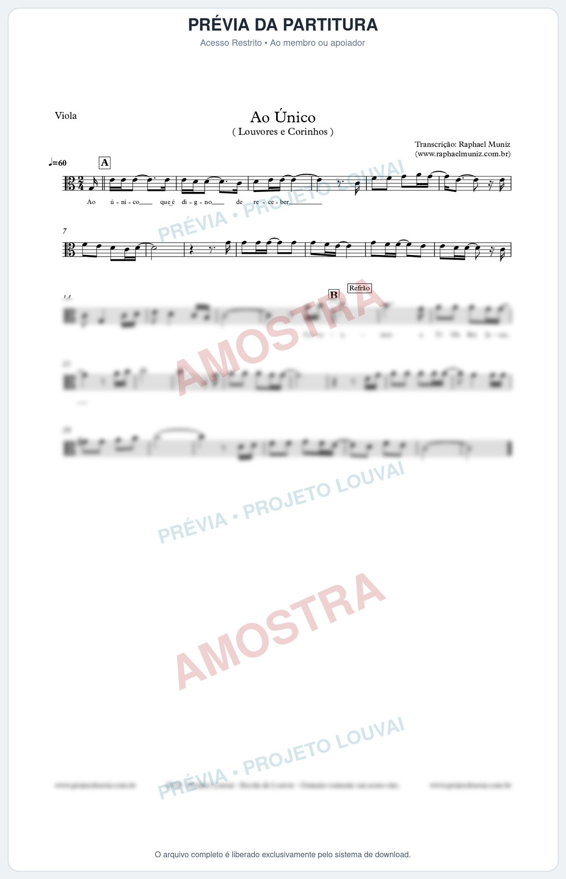 Prévia protegida da primeira página da partitura Partitura para Viola - Ao Único - Louvores e Corinhos Gospel