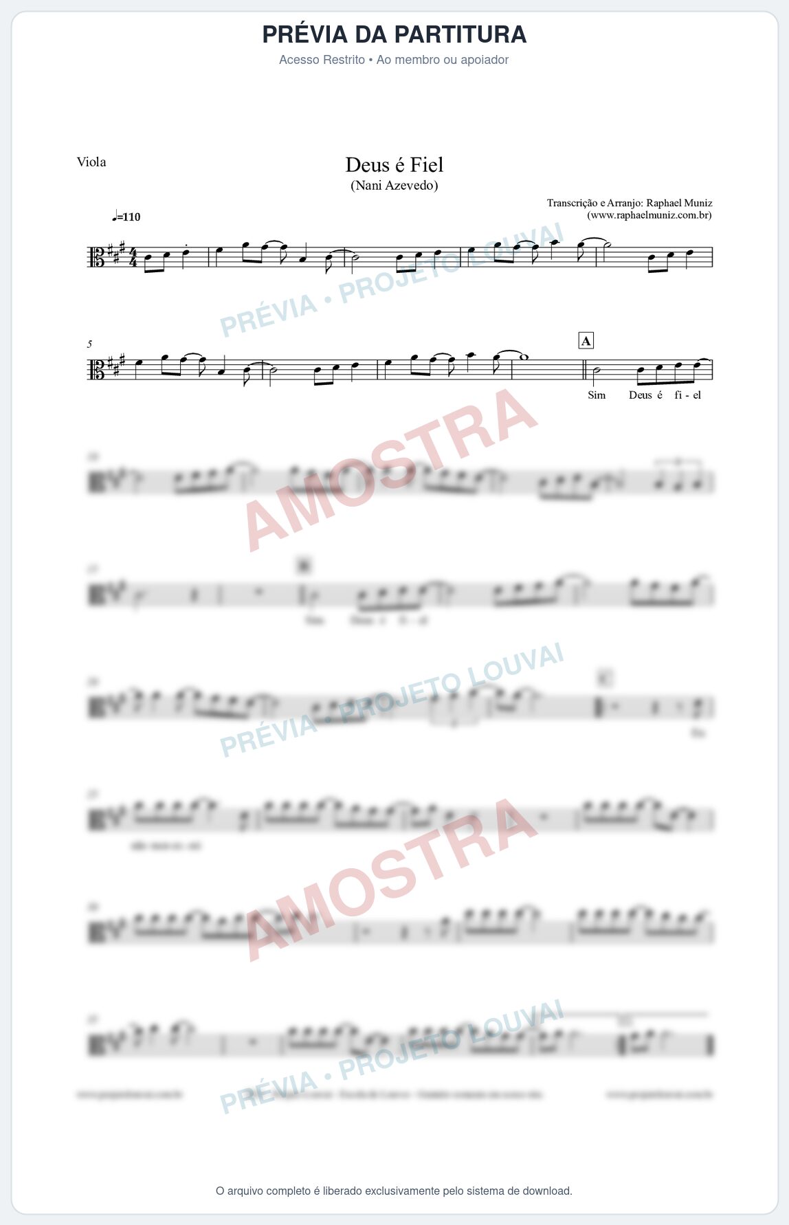 Prévia protegida da primeira página da partitura Partitura para Viola - Deus é Fiel - Nani Azevedo