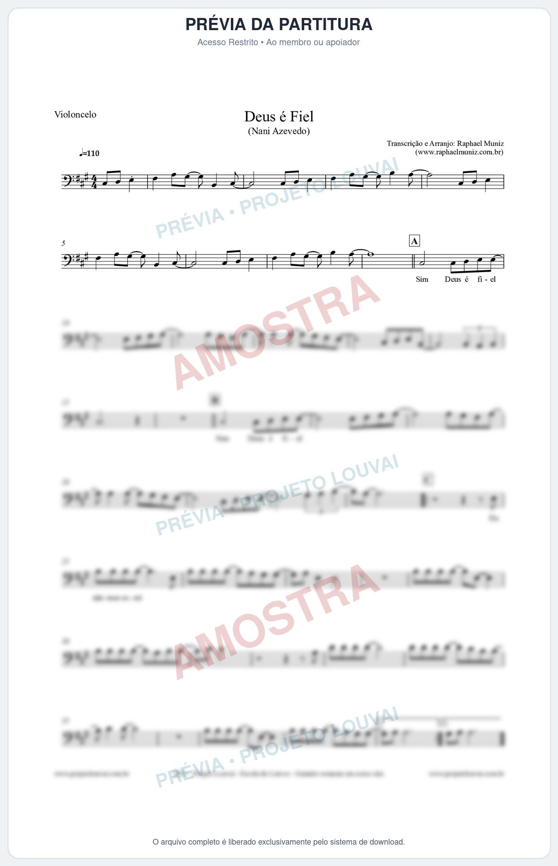 Prévia protegida da primeira página da partitura Partitura para Violoncelo - Deus é Fiel - Nani Azevedo