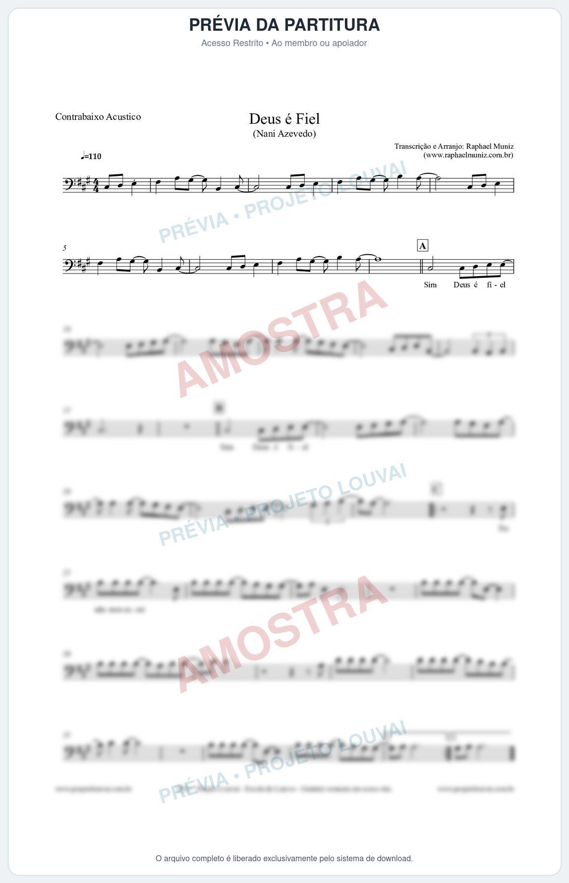 Prévia protegida da primeira página da partitura Partitura para Contrabaixo Acústico - Deus é Fiel - Nani Azevedo