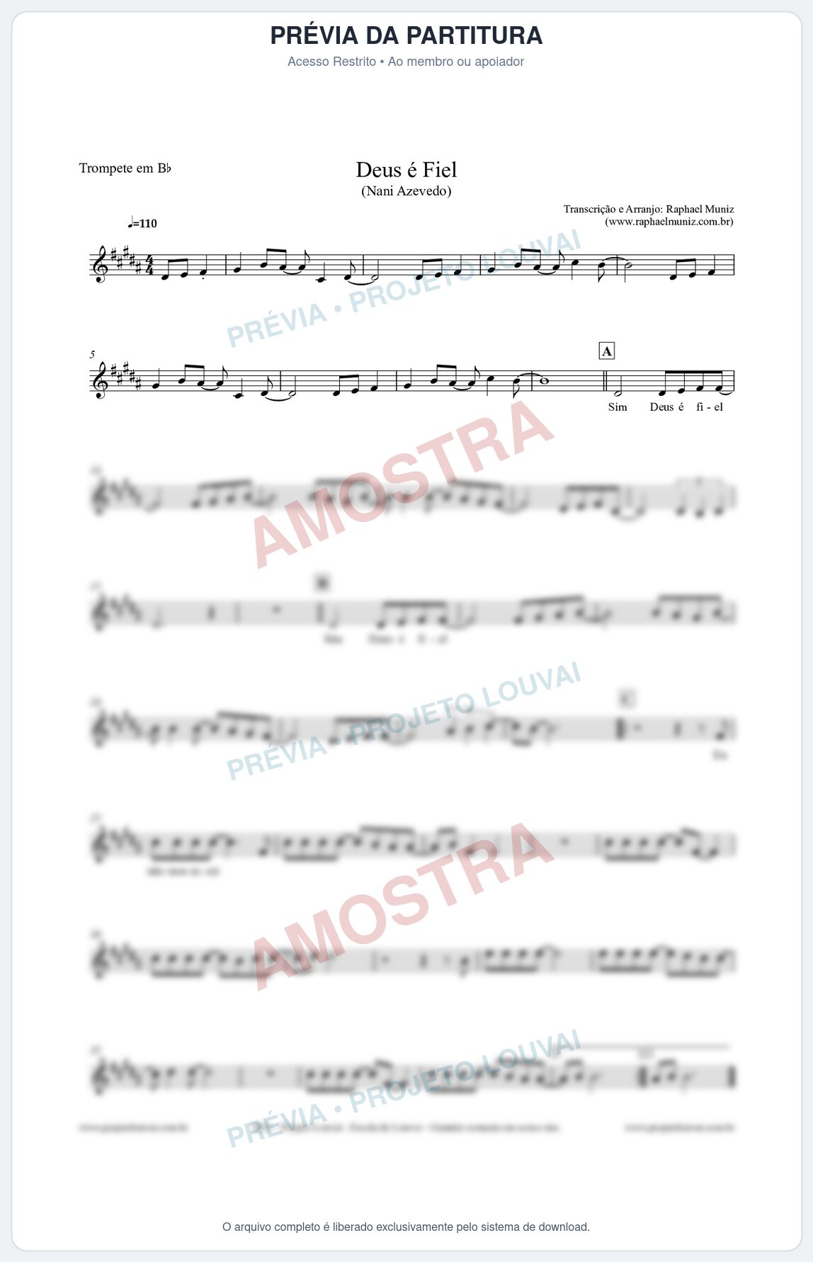 Prévia protegida da primeira página da partitura Partitura para Trompete em Bb - Deus é Fiel - Nani Azevedo