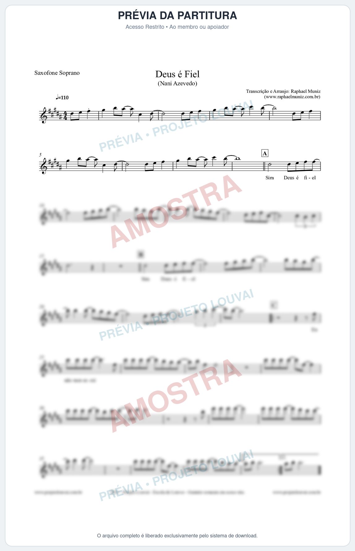Prévia protegida da primeira página da partitura Partitura para Saxofone Soprano - Deus é Fiel - Nani Azevedo