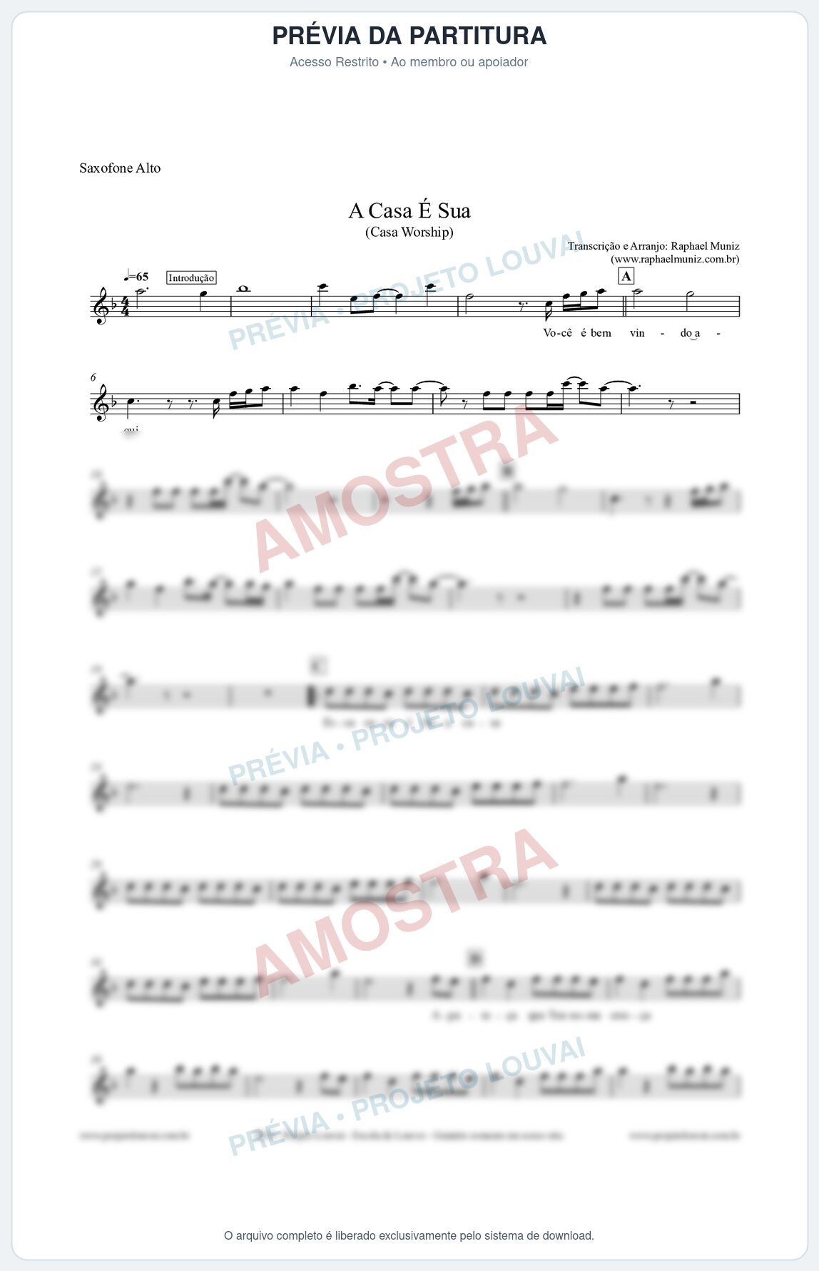 Prévia protegida da primeira página da partitura Partitura para Sax Alto - A Casa É Sua  - Casa Worship