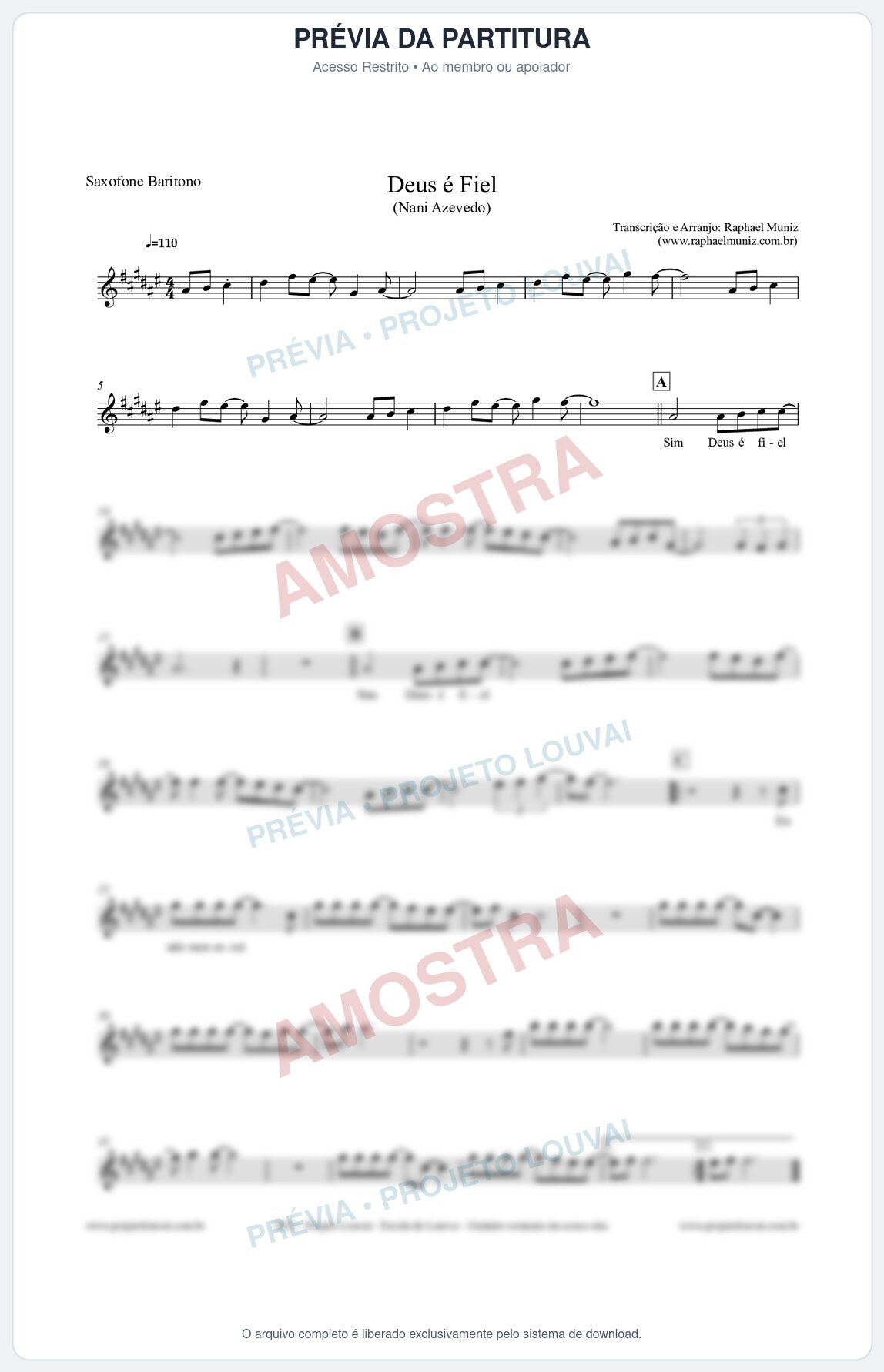 Prévia protegida da primeira página da partitura Partitura para Saxofone Barítono - Deus é Fiel - Nani Azevedo