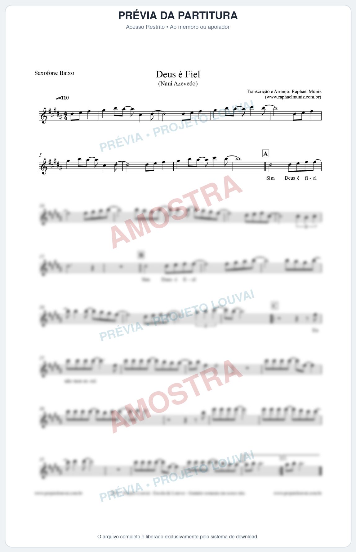 Prévia protegida da primeira página da partitura Partitura para Saxofone Baixo - Deus é Fiel - Nani Azevedo