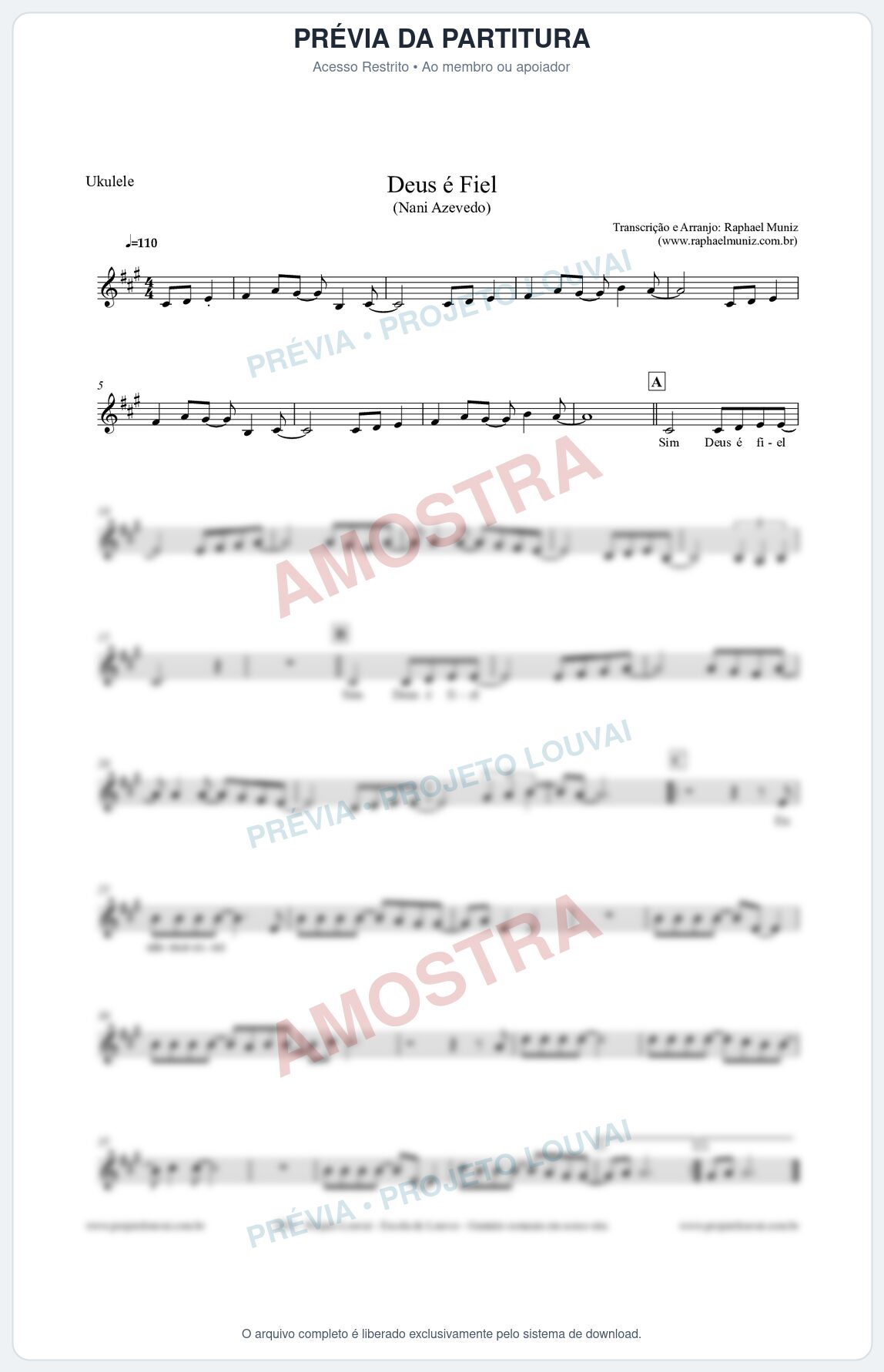 Prévia protegida da primeira página da partitura Partitura para Ukulele - Deus é Fiel - Nani Azevedo