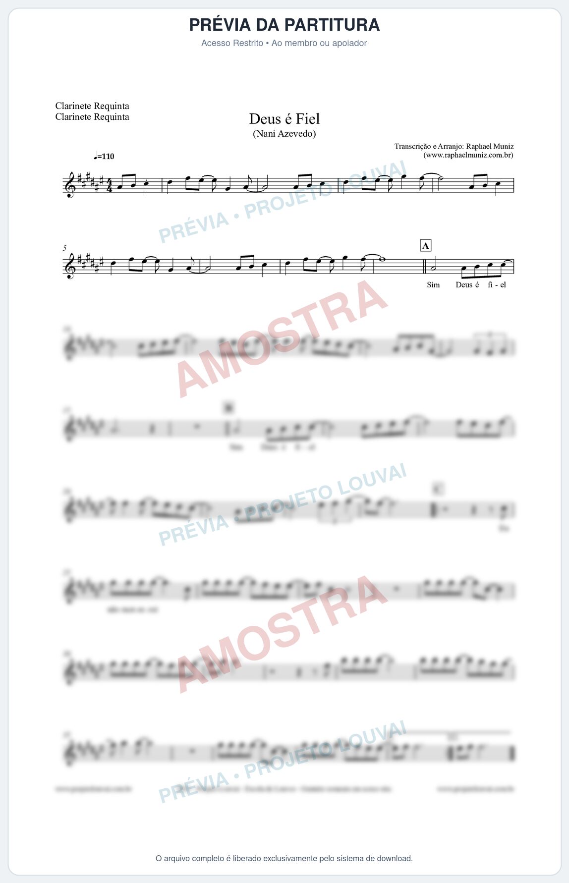 Prévia protegida da primeira página da partitura Partitura para Clarinete Requinta - Deus é Fiel - Nani Azevedo