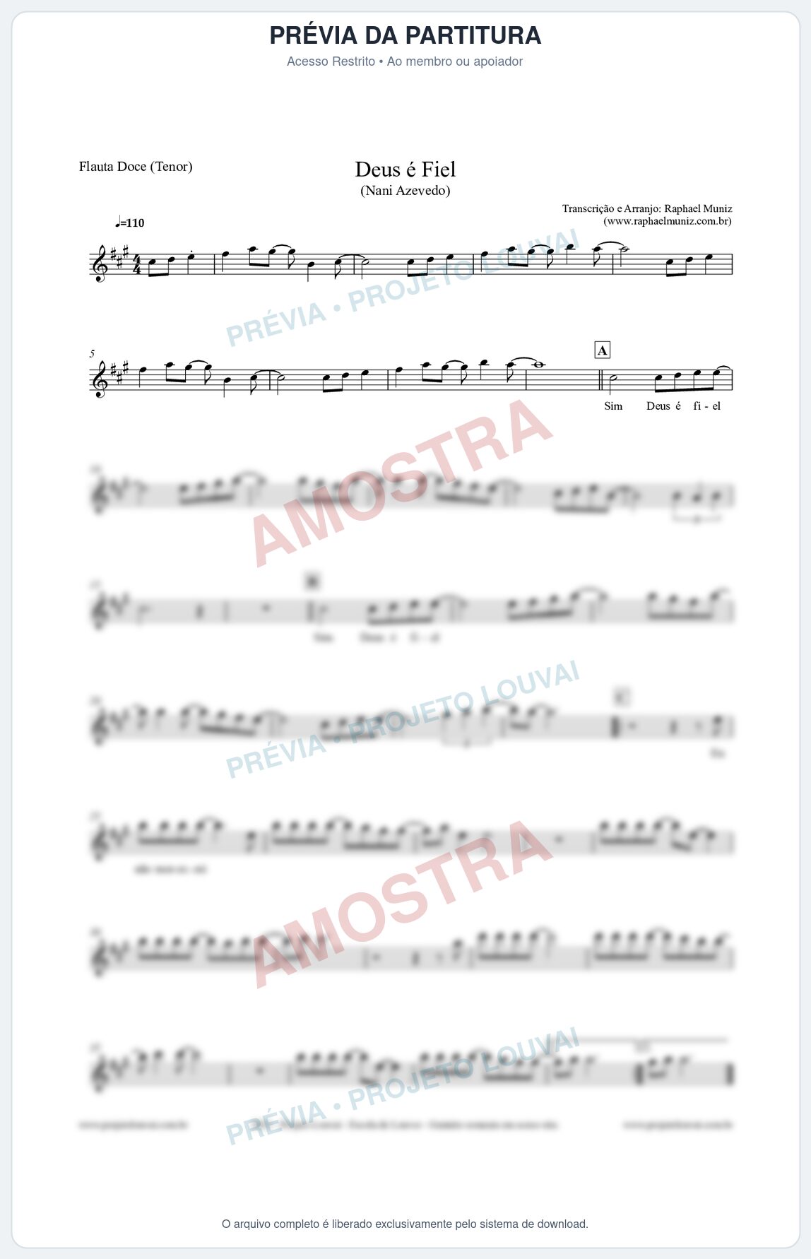 Prévia protegida da primeira página da partitura Partitura para Flauta Doce (Tenor) - Deus é Fiel - Nani Azevedo