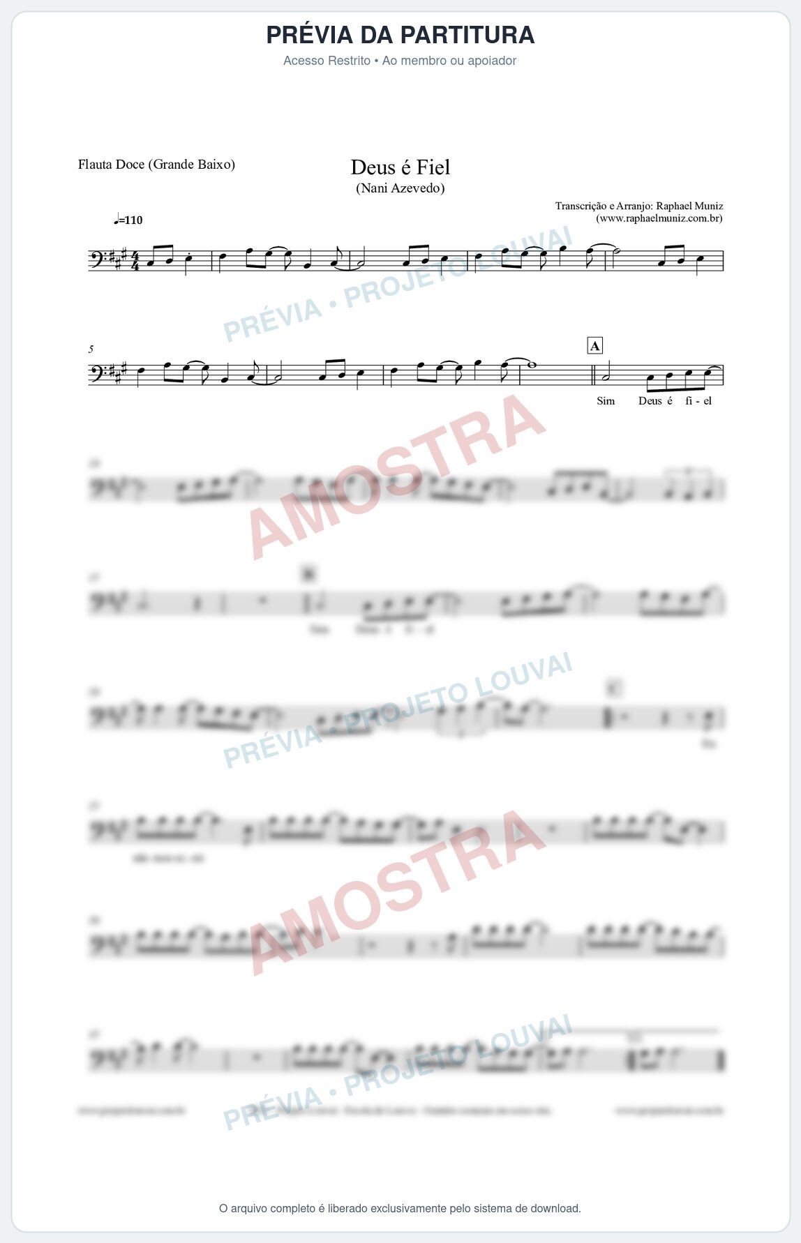 Prévia protegida da primeira página da partitura Partitura para Flauta Doce (Grande Baixo) - Deus é Fiel - Nani Azevedo