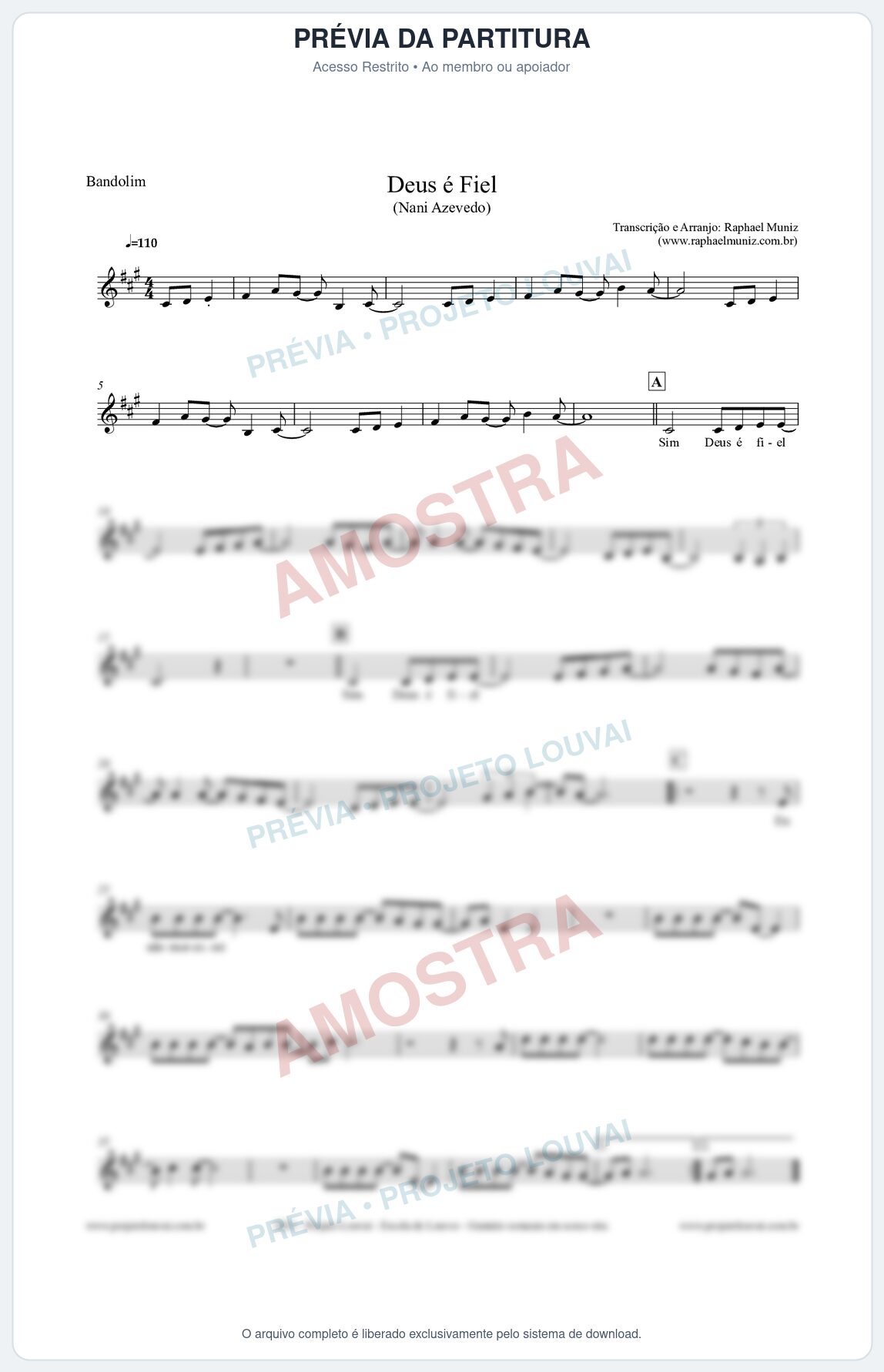 Prévia protegida da primeira página da partitura Partitura para Bandolim - Deus é Fiel - Nani Azevedo