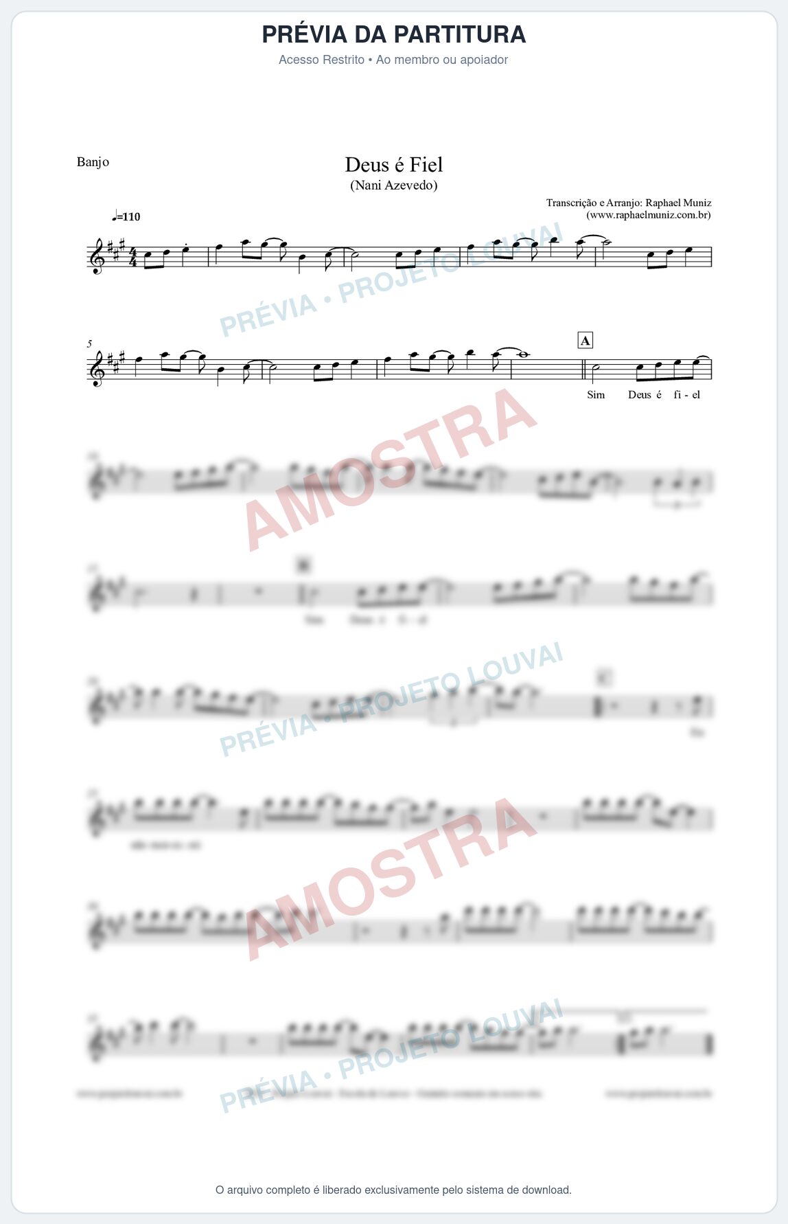 Prévia protegida da primeira página da partitura Partitura para Banjo - Deus é Fiel - Nani Azevedo