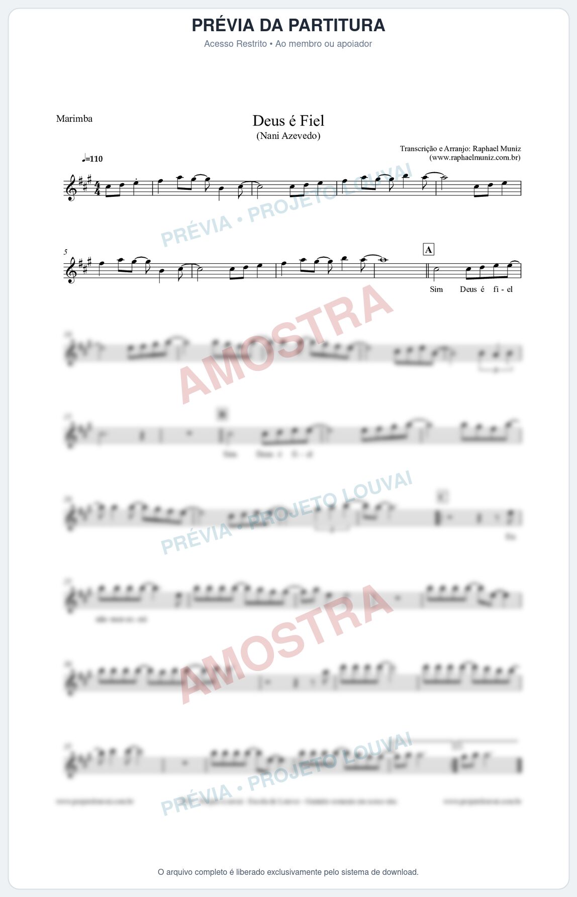 Prévia protegida da primeira página da partitura Partitura para Marimba - Deus é Fiel - Nani Azevedo